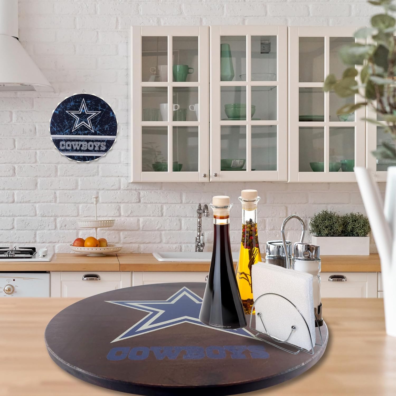 18” Wooden Lazy Susan - Dallas Cowboys Logo by Fan Creations - Decorative Turntable Rack for Kitchen, Storage, Dining Buffet Tables - Tabletop Accessory for NFL Game Day, Parties, Man Cave