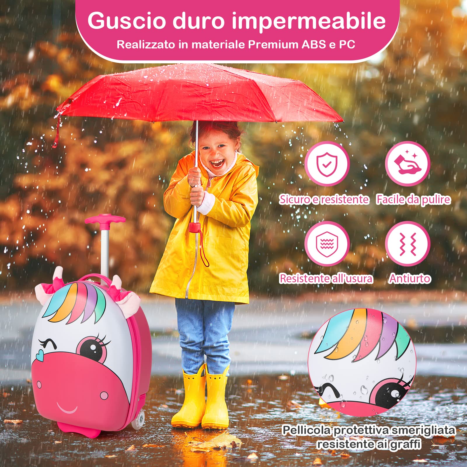 RELAX4LIFE Valigia Trolley 16'' per Bambini con Ruote Lampeggianti e Maniglia Retrattile a 2 Livelli, in Plastica ABS e PC, per Asilo Scuola e Viaggio, 33x22x68,5-83,5cm (cavallo rosa)