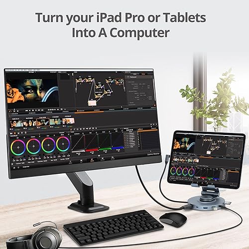 Miniatura 3 de SIIG Soporte USB-C para tablet - Estación de acoplamiento para iPad/Surface Pro 9/base giratoria/soporte plegable/4K60Hz HDMI, USB-A y USB-C 5Gbps,