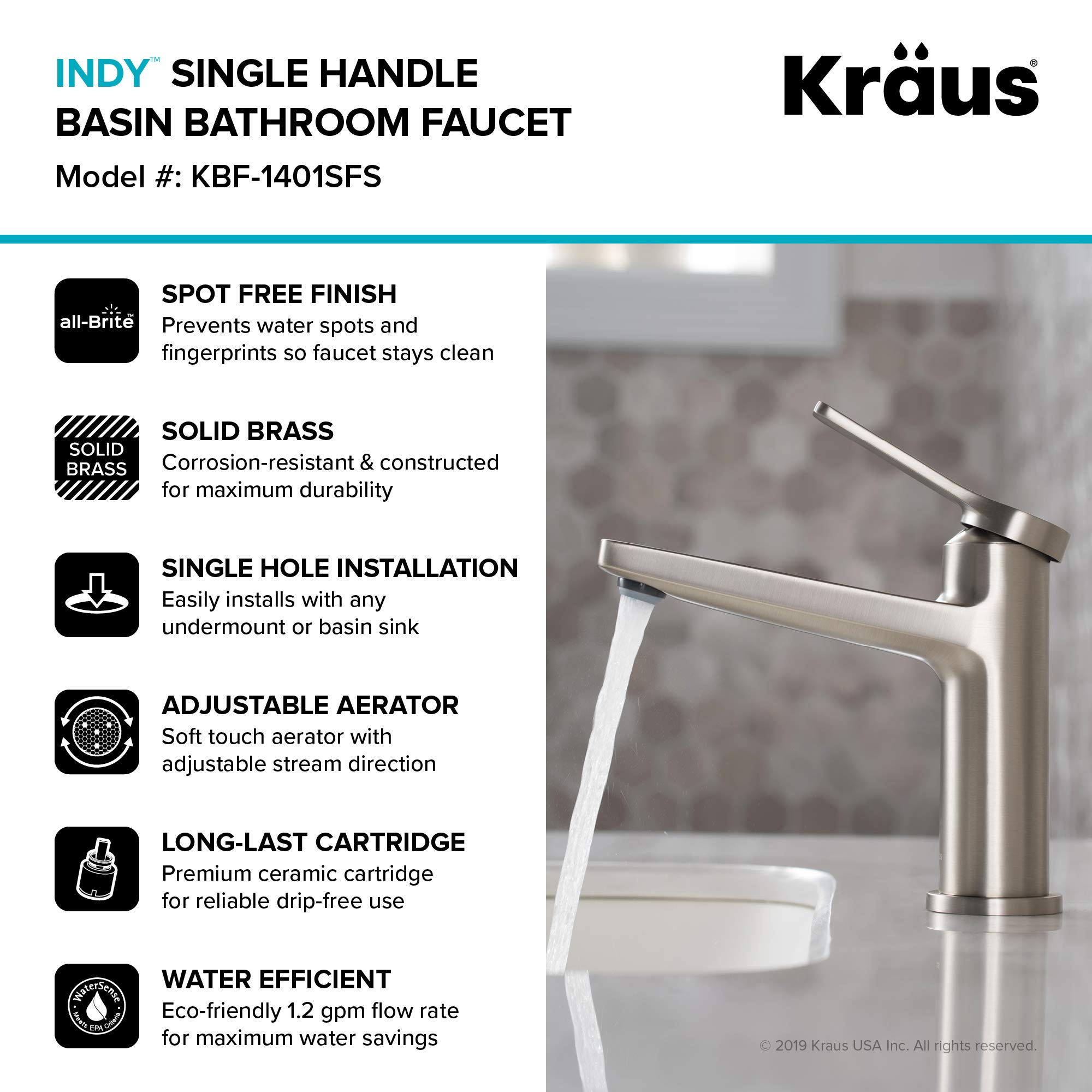 Kraus KBF-1401SFS Indy Single Handle Basin Bathroom Faucet, Spot Free Stainless Steel