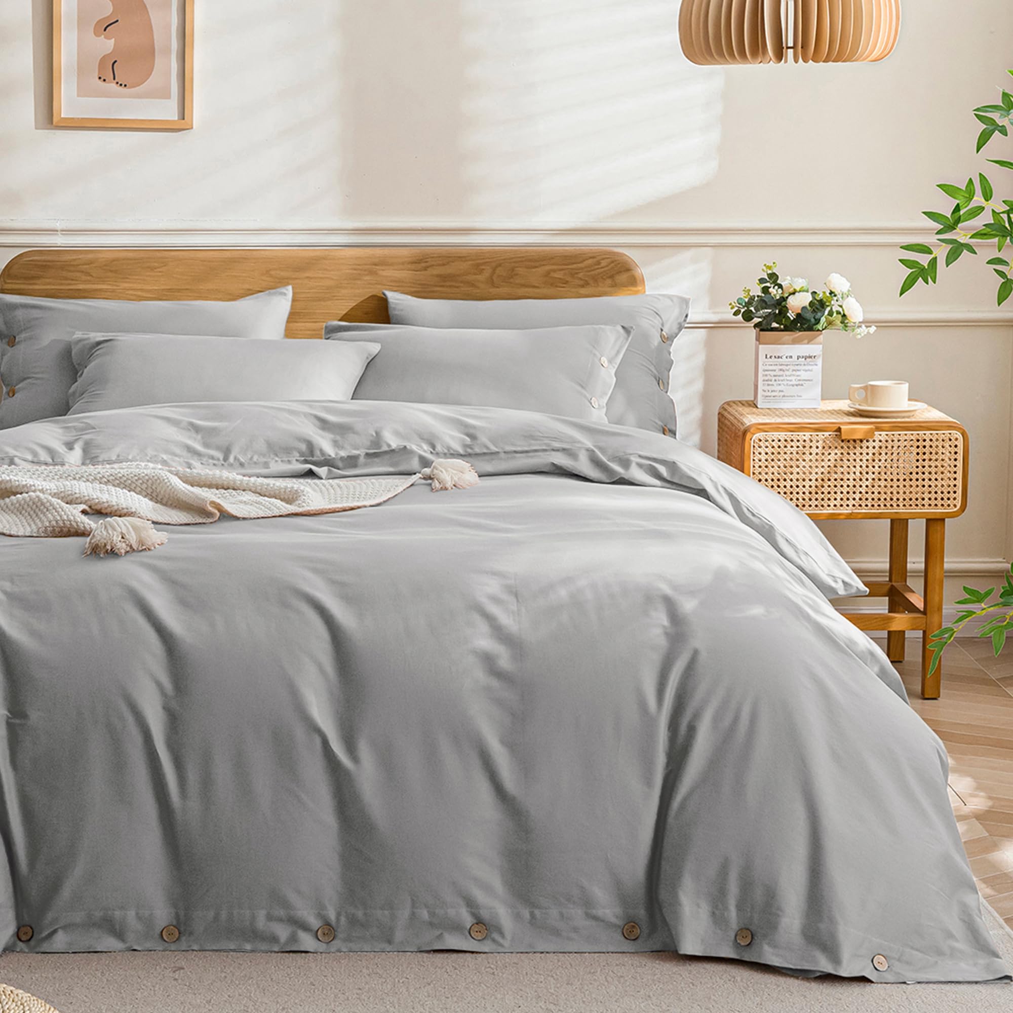JELLYMONI Cotton Duvet Cover King Size - Light Gray Comforter Cover with Button 100% Washed Cotton 3PCS Breathable Soft Solid Bedding Set Duvet Cover 104×90in &amp; 2 Pillowcases (NO Comforter)