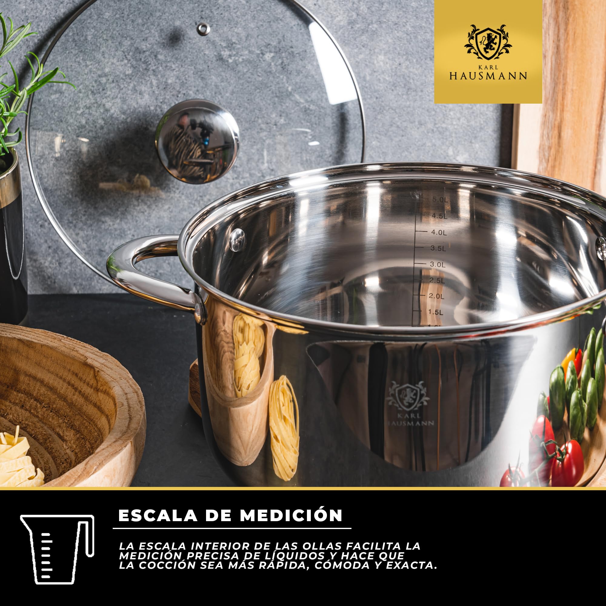 KARL HAUSMANN Bateria Cocina Acero Inoxidable con Tapa de Vidrio - 2 Ollas y 1 Cazo, Aptas para Inducción, Fondo Multicapa para Cocción Uniforme, Válidas para Todo Tipo de Cocinas