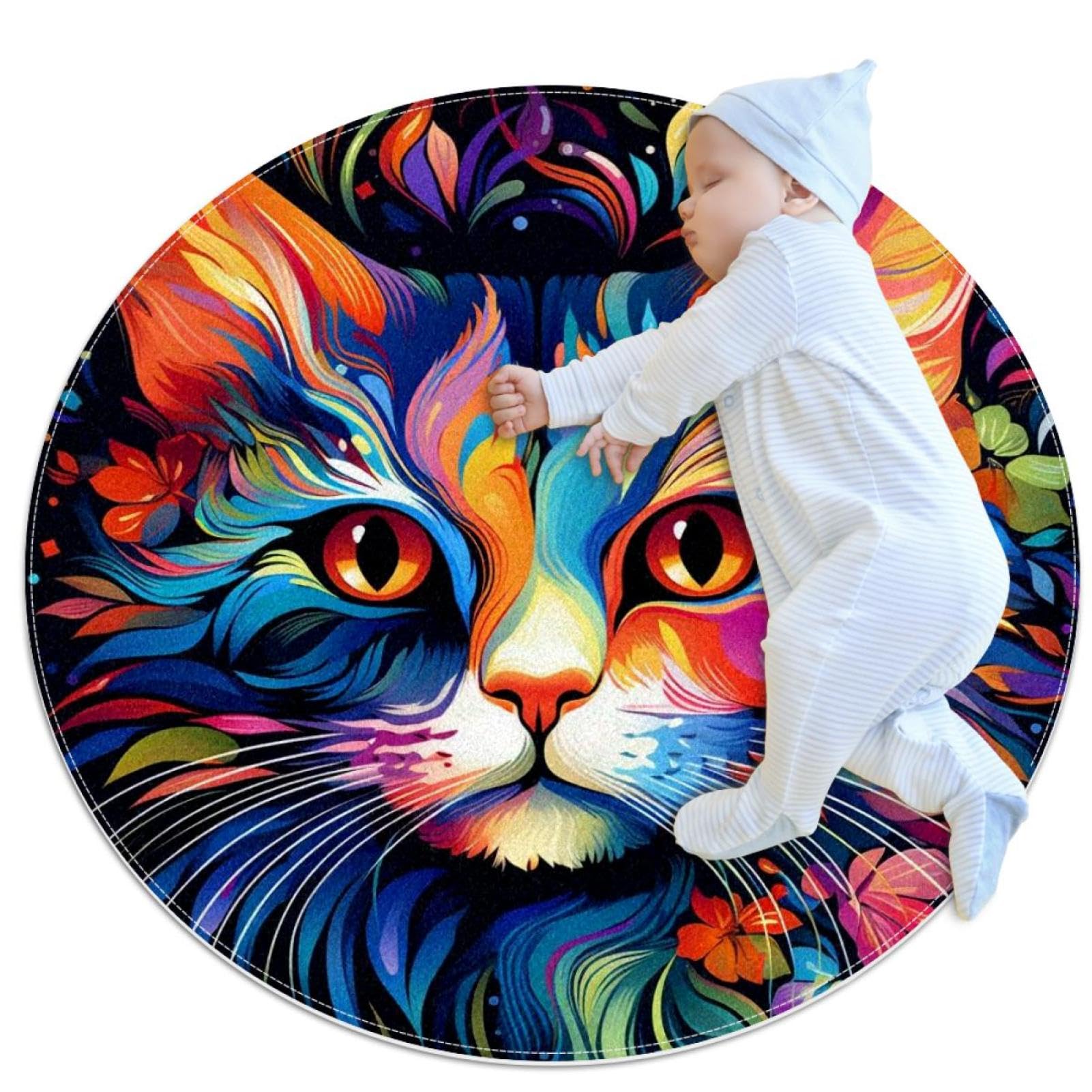 Tapis de salle de bain rond 1m chat coloré plume de paon antidérapant chambre