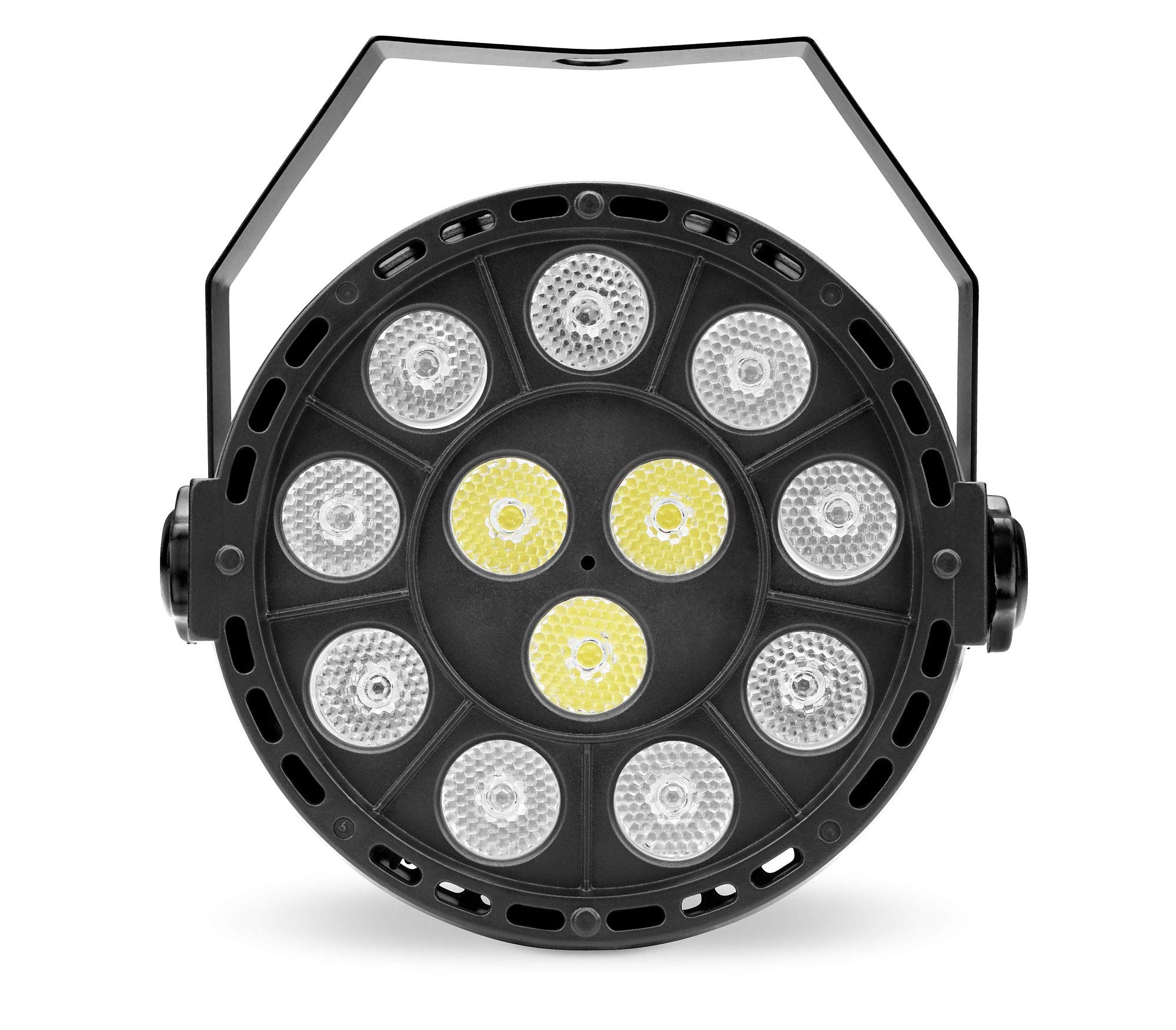 4x Showlite SPS-121 LED Smart Party Spot (3 rote, 3 grüne, 3 blaue und 3 weiße LEDs mit je 1 Watt Leistung, DMX Controller mit extra Farbdrehreglern, inkl. 3x 1m und 1x 10m DMX-Kabel) Schwarz