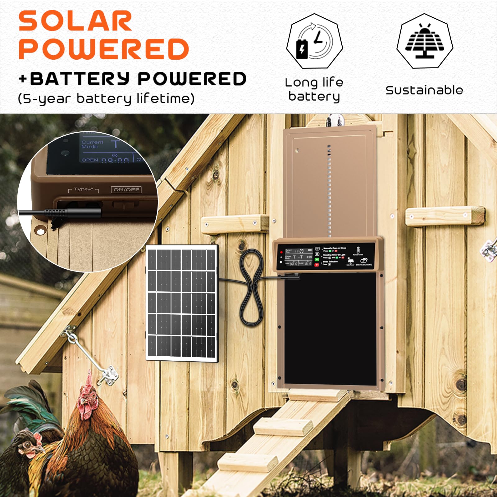 Asfrost Puerta automática de gallinero automática alimentada por energía solar con temporizador y sensor de luz, antipellizcos, puerta automática de aluminio duradero, carga con panel solar y USB,
