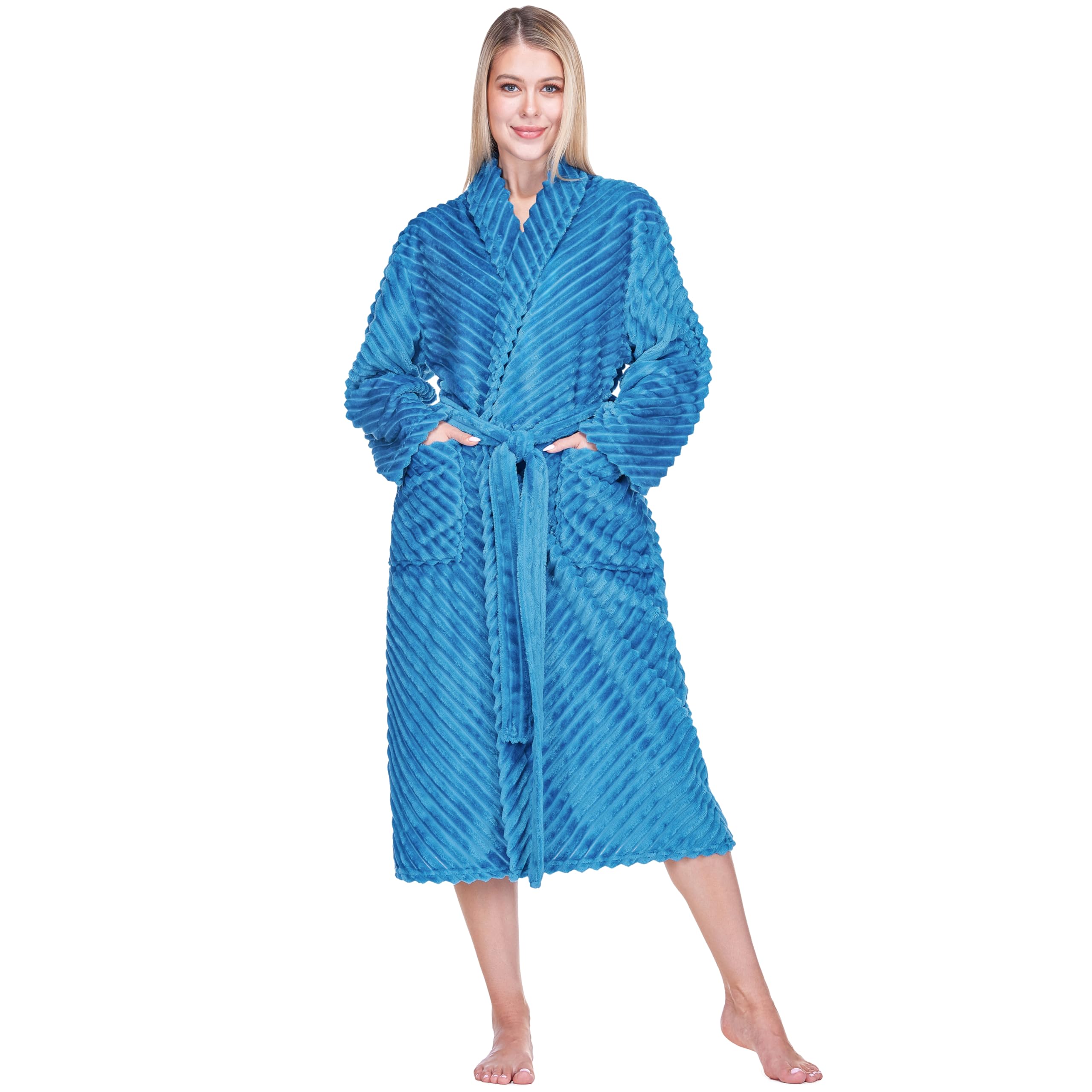 PAVILIA Super Soft Womens Robe, Fluffy Plush Fuzzy Cozy House Shower Bathrobe, Ribbed Striped Warm Fleece Long Robe for Women