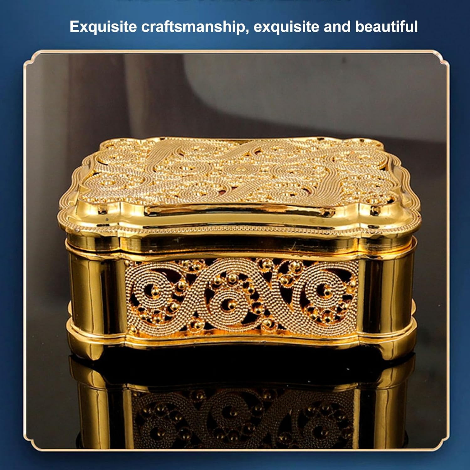 BORDSTRACT Vintage Metal Jewelry Box, Rectangle Trinket Storage Box Organizer with Velvet Lining for Rings Necklace Earrings (gold（J21844)
