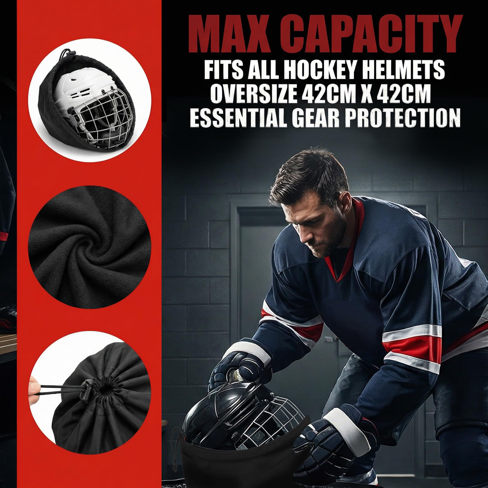 VPRO Borsa per casco da hockey, in pile, nera con ricamo rosso, chiusura con coulisse, 42 cm x 42 cm