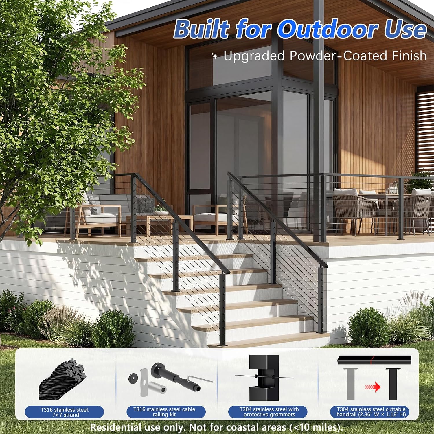 36" Swageless 12-16FT Black Complete Cable Railing System Post Kit with Handrail Cuttable, T304 Stainless Steel, Modular Pre-Cut 1/10" Cable Railing Kit with Level Post Easy DIY for Deck Porch
