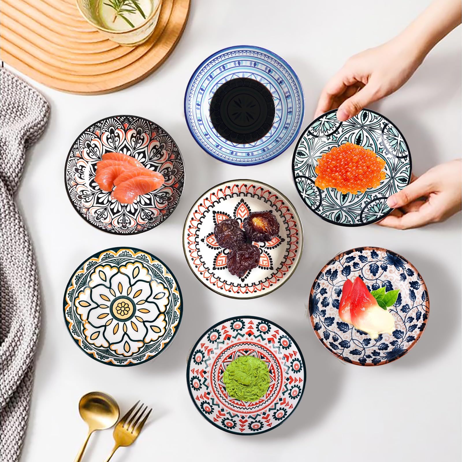 PORFOYO Set di 8 ciotole in ceramica per salse e spezie, resistenti al calore, perfette per snack, dessert e contorni (Ø 10 cm, colorati)