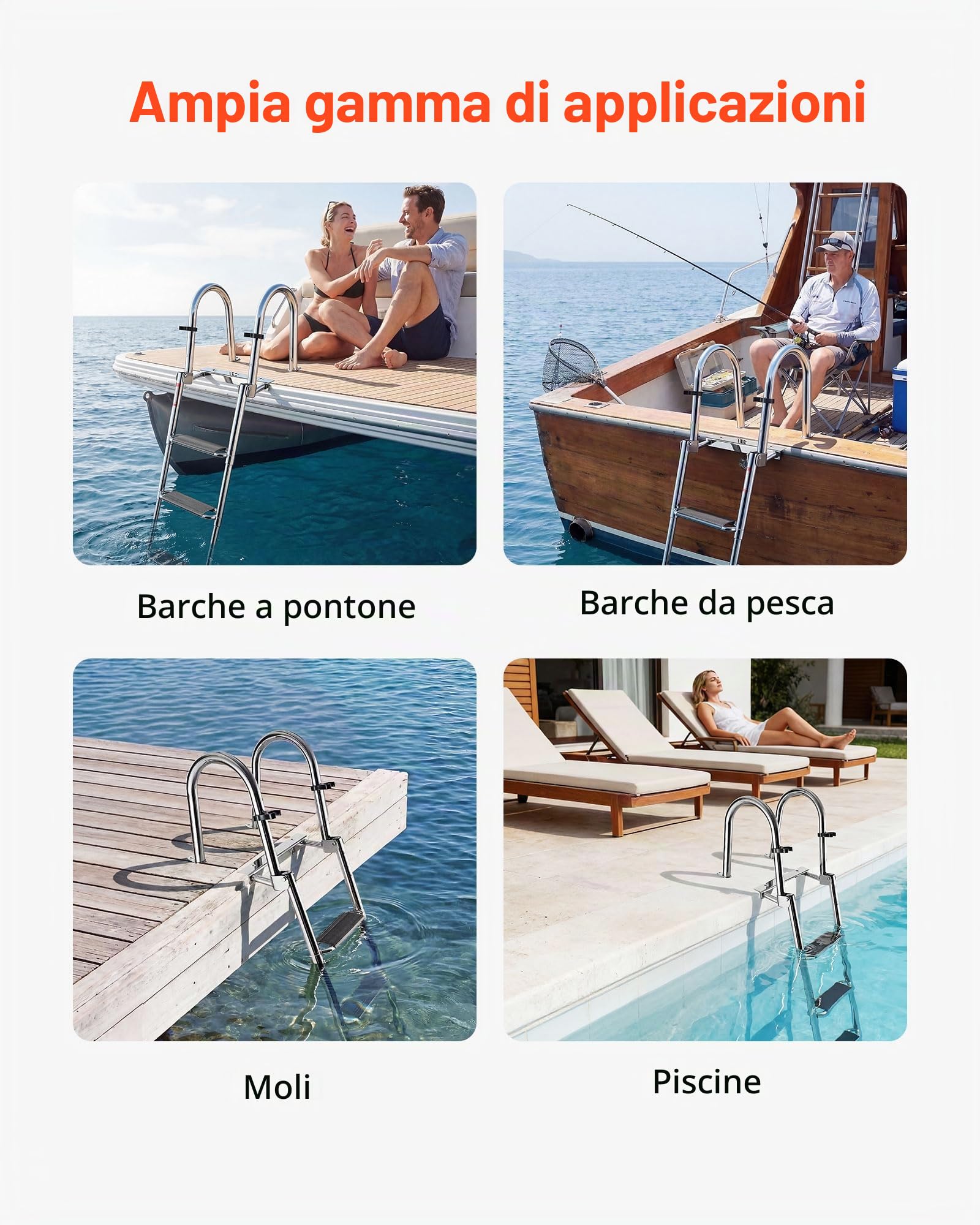 VEVOR Scaletta per Barca in Acciaio Inox, Scaletta Telescopica Pieghevole a 4 Gradini con Corrimano, per Piattaforma di Poppa, Portata Fino a 272 kg, Gradini Ampi, per Fuoribordo, Yacht e Pontoni