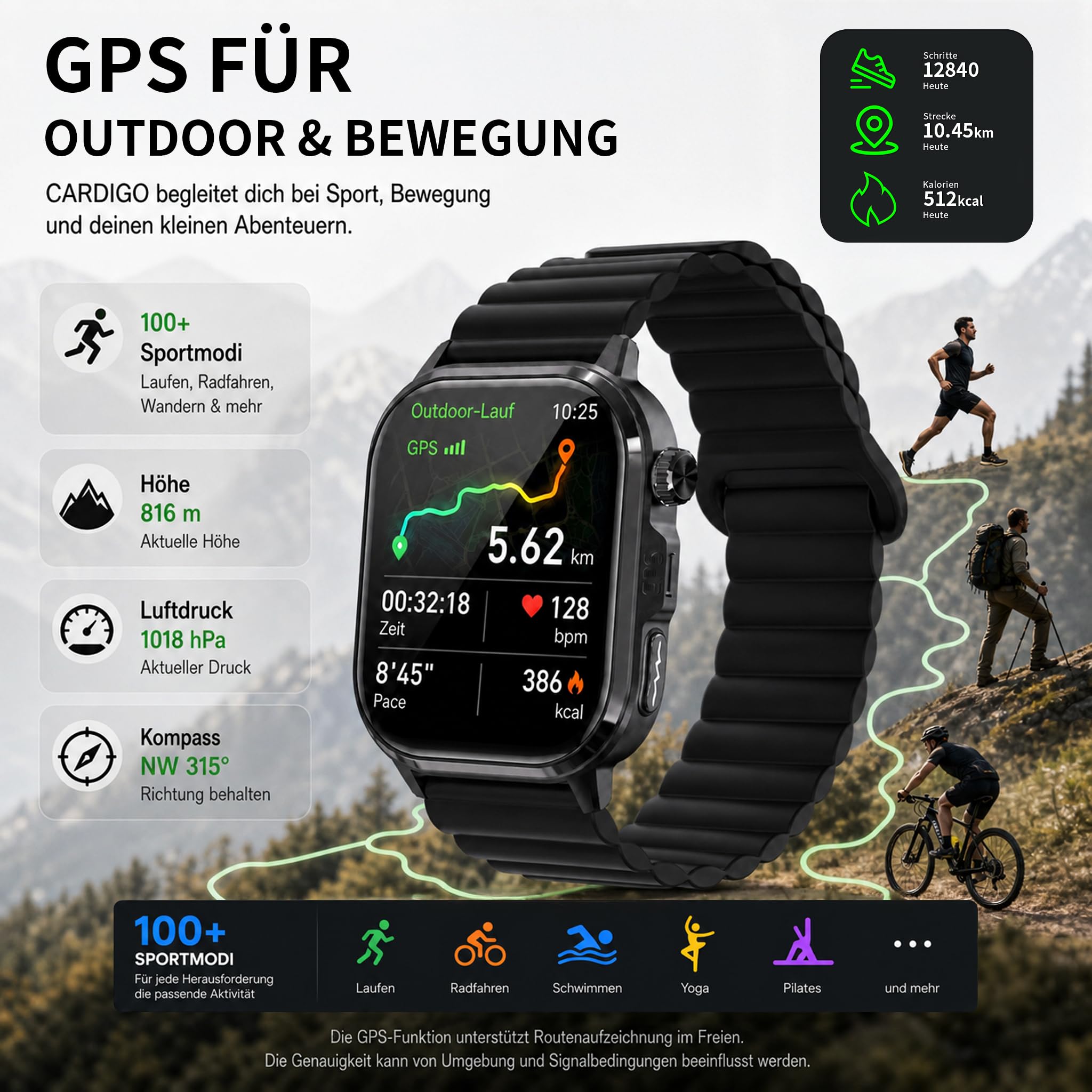 CARDIGO Montre connectée avec détection des chutes et fonction SOS, montre de sport avec GPS, appels Bluetooth et plus de 100 modes sportifs, AMOLED 1,95", sans ABO, 2 bracelets, noir