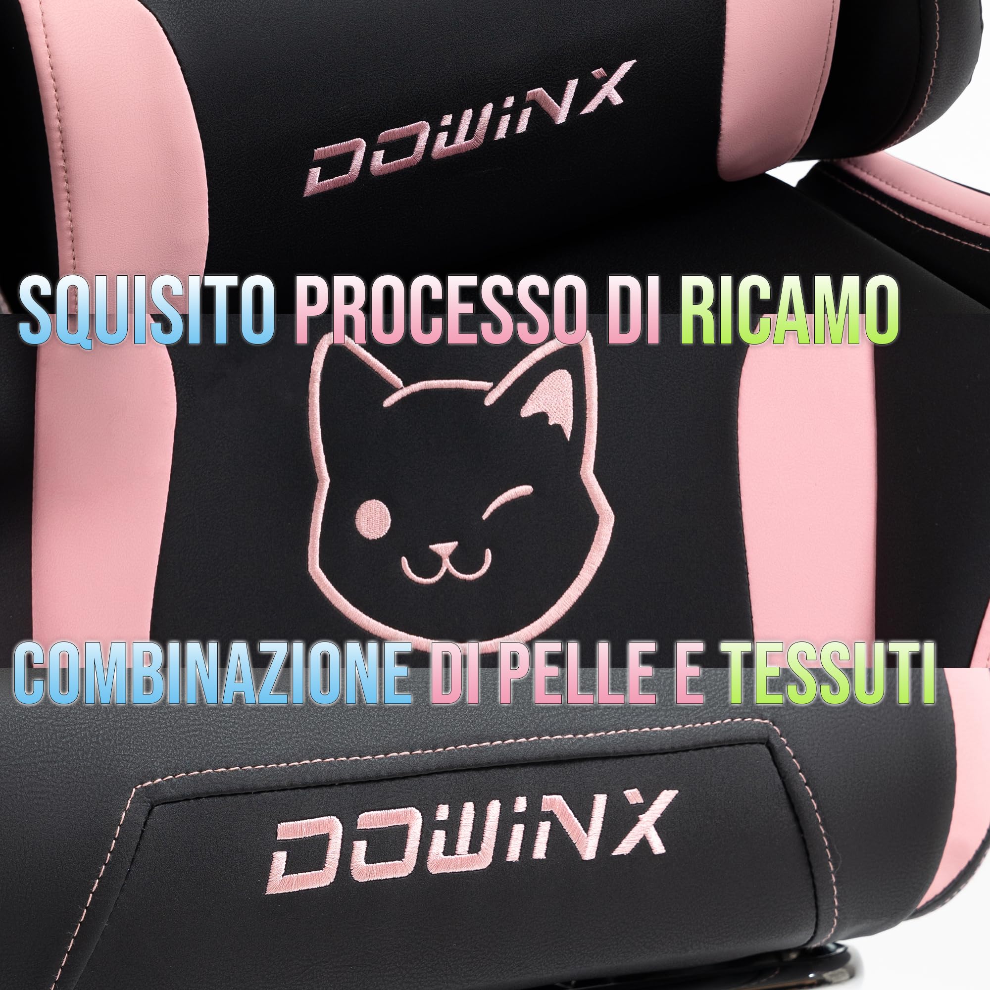Dowinx Sedia Gaming Rosa Ergonomica Cute Cat Version - Sedia da Ufficio Ergonomica con Schienale Alto e Supporto Lombare Massaggiante, Ecopelle, Poggiapiedi, Nero