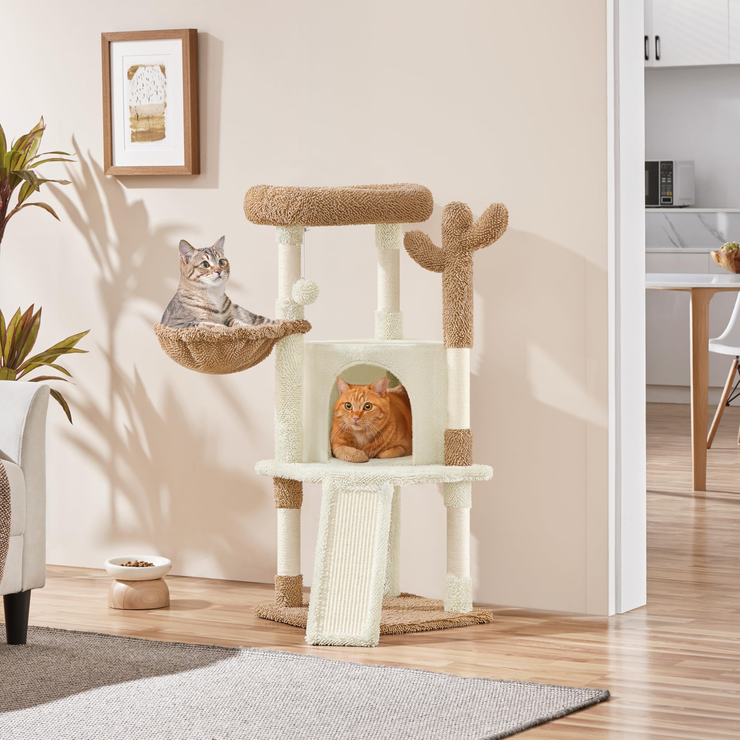 Yaheetech Arbre à Chat Cactus Hauteur 106,5 cm Tour pour Chat en Tissu Moppy avec Poteaux en Sisal Plateformes Niche Panier Perchoir Griffoirs Maison (Beige/Marron)