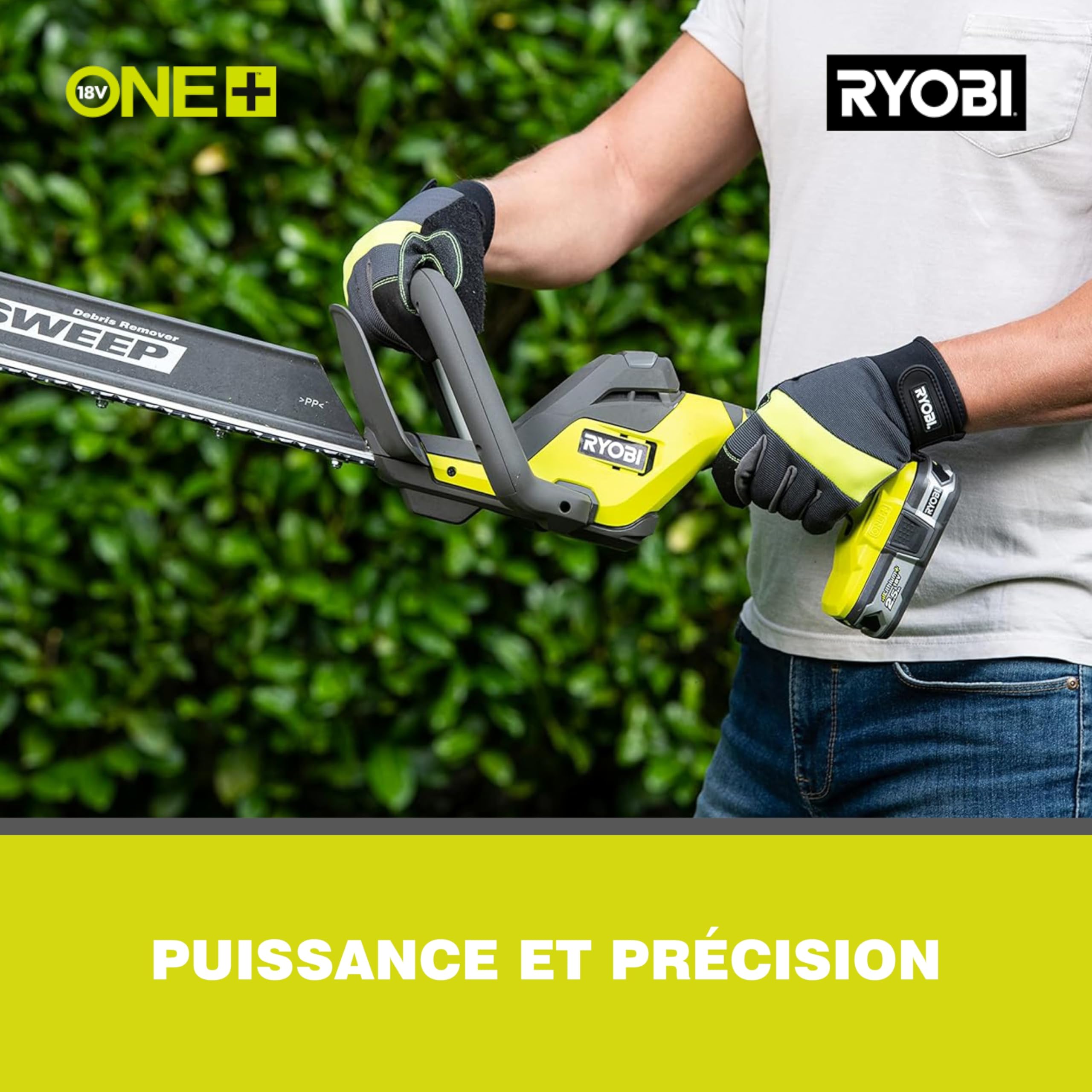 RYOBI - Cortasetos 18V One+ con Batería 18V One+ 2,0 Ah y Cargador 1,5A - Espada 55cm, Capacidad máx. 24mm, Velocidad 2700 RPM - Recogedor de Residuos HedgeSweep, Funda Protectora - RY18HT55A-120