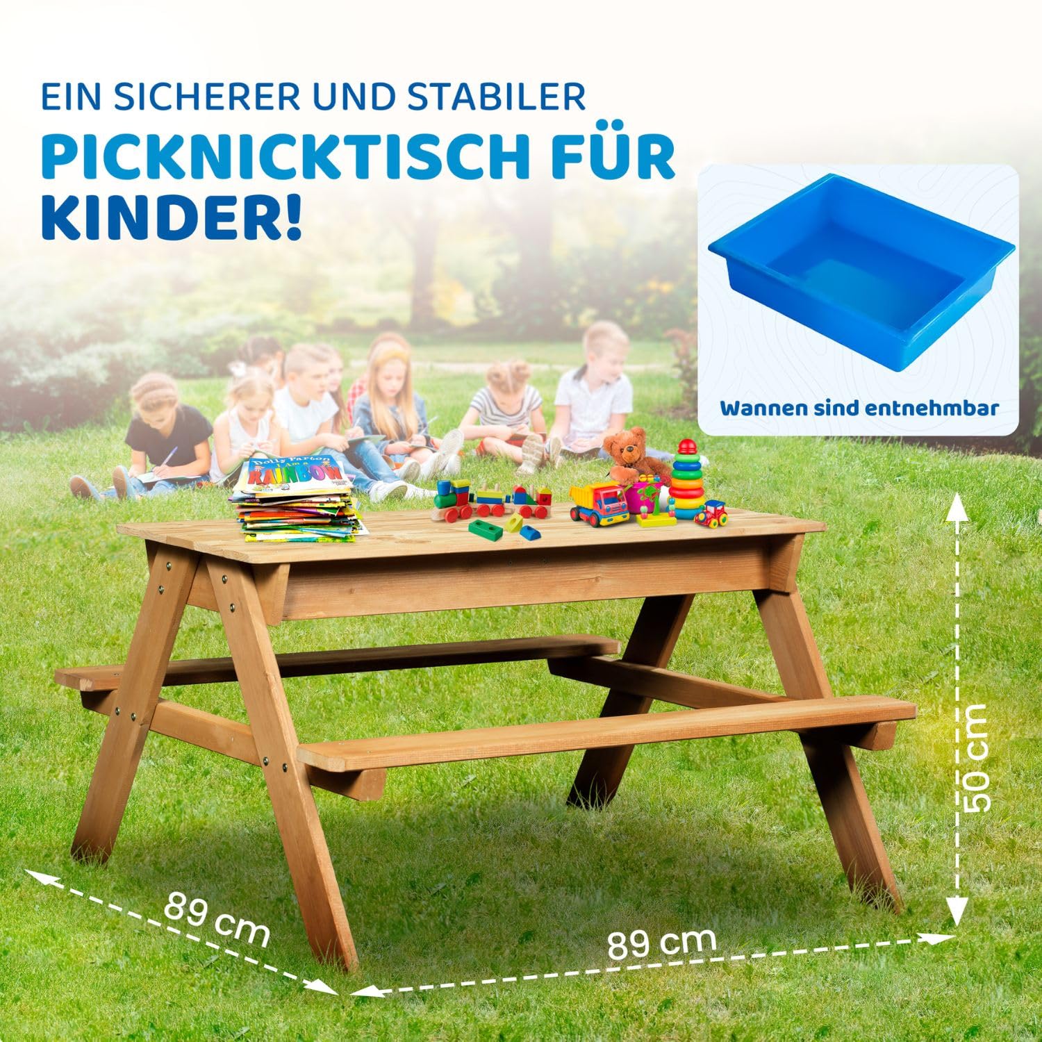Coemo 2 in 1 Kindersitzgruppe aus Massivholz, Matschküche | Sand- und Wasserspieltisch für 4, Kinder-Picknicktisch mit 2 Bänken, abnehmbare Wannen, für drinnen & draußen