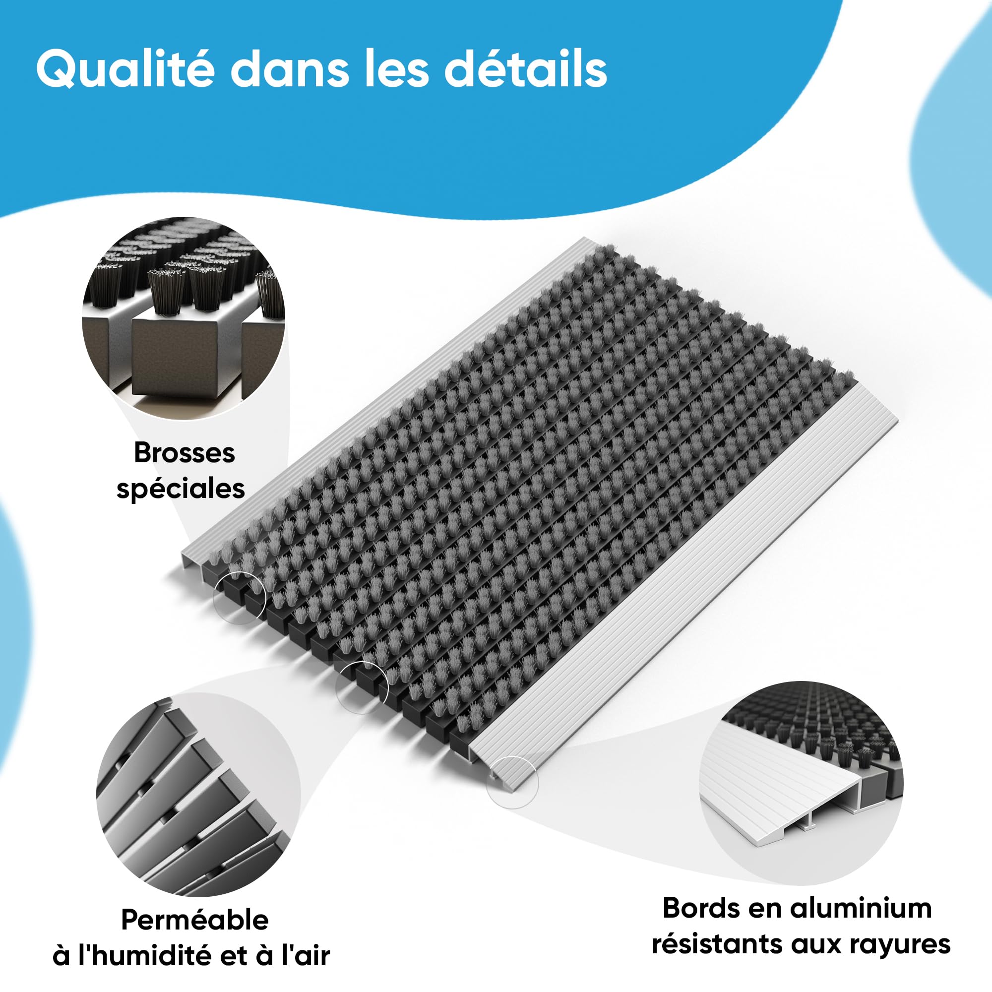 Paillasson extérieur en Aluminium avec brosses Gris, paillasson 40 x 60 cm, en Aluminium, Tapis extérieur, Gratte-Chaussures, entrée de Maison, Tapis de Brosse, Tapis extérieur, paillasson