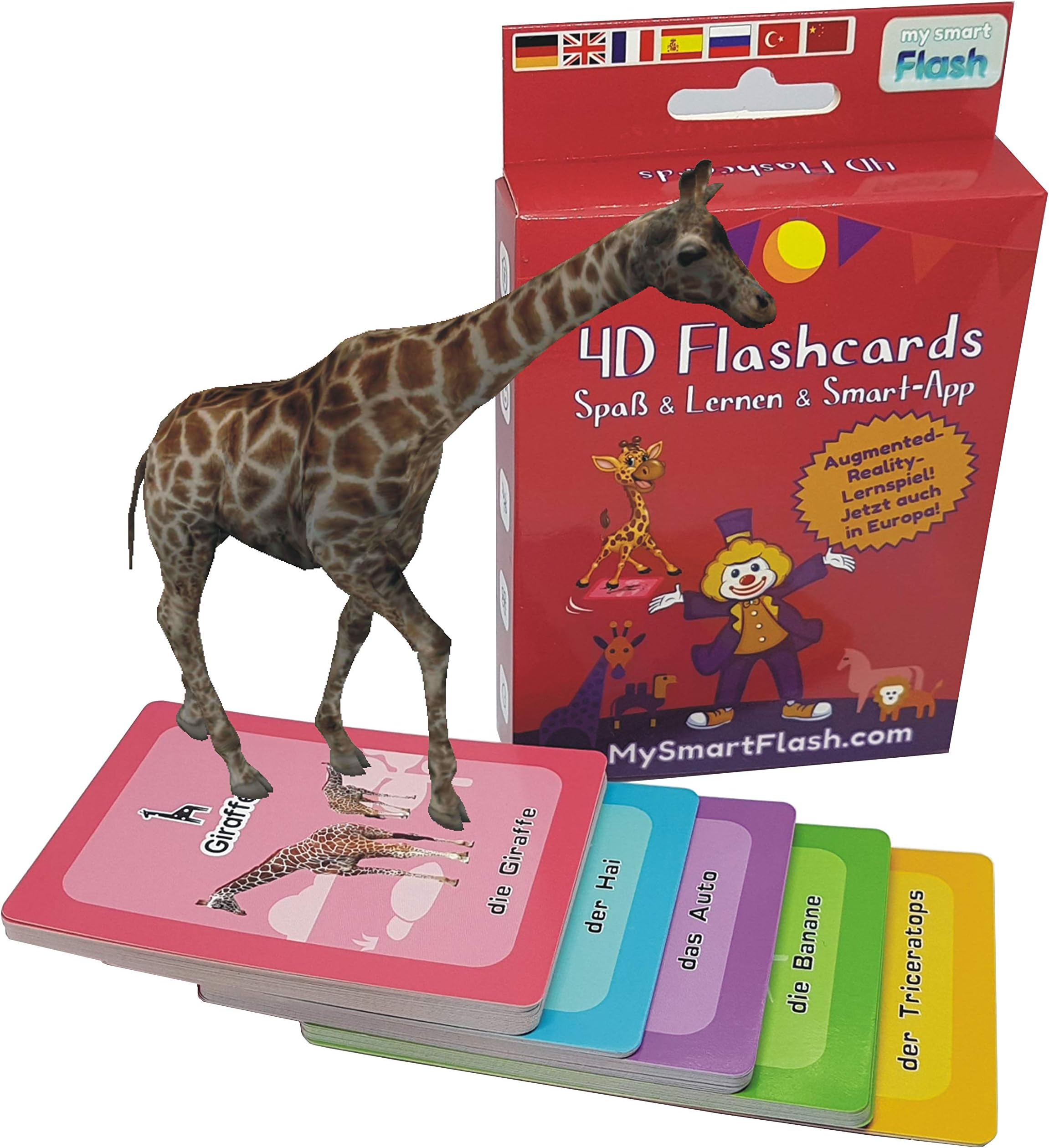 Educational toys in 9 foreign languages. Interactive 4D Flashcards with 50 Photo Flash Cards and Pop-Up Figures for 3-10 year old Kids. First Words: Animals, Vehicles, Food. Basic Vocabulary set