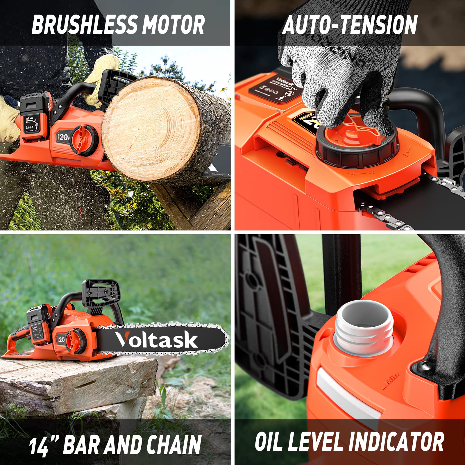 Voltask Cordless Chainsaw, 40V 14Inch Brushless Electric Chainsaw with Auto Chain Tension