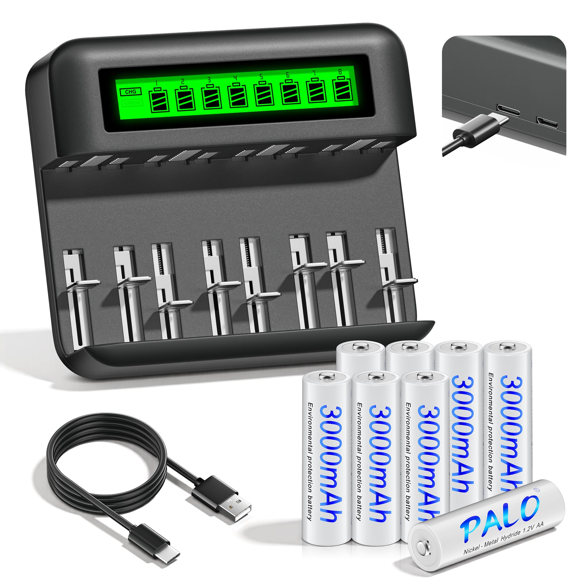 Batería AA NiMH de 1,2 V con cargador, pilas AA recargables 8AA