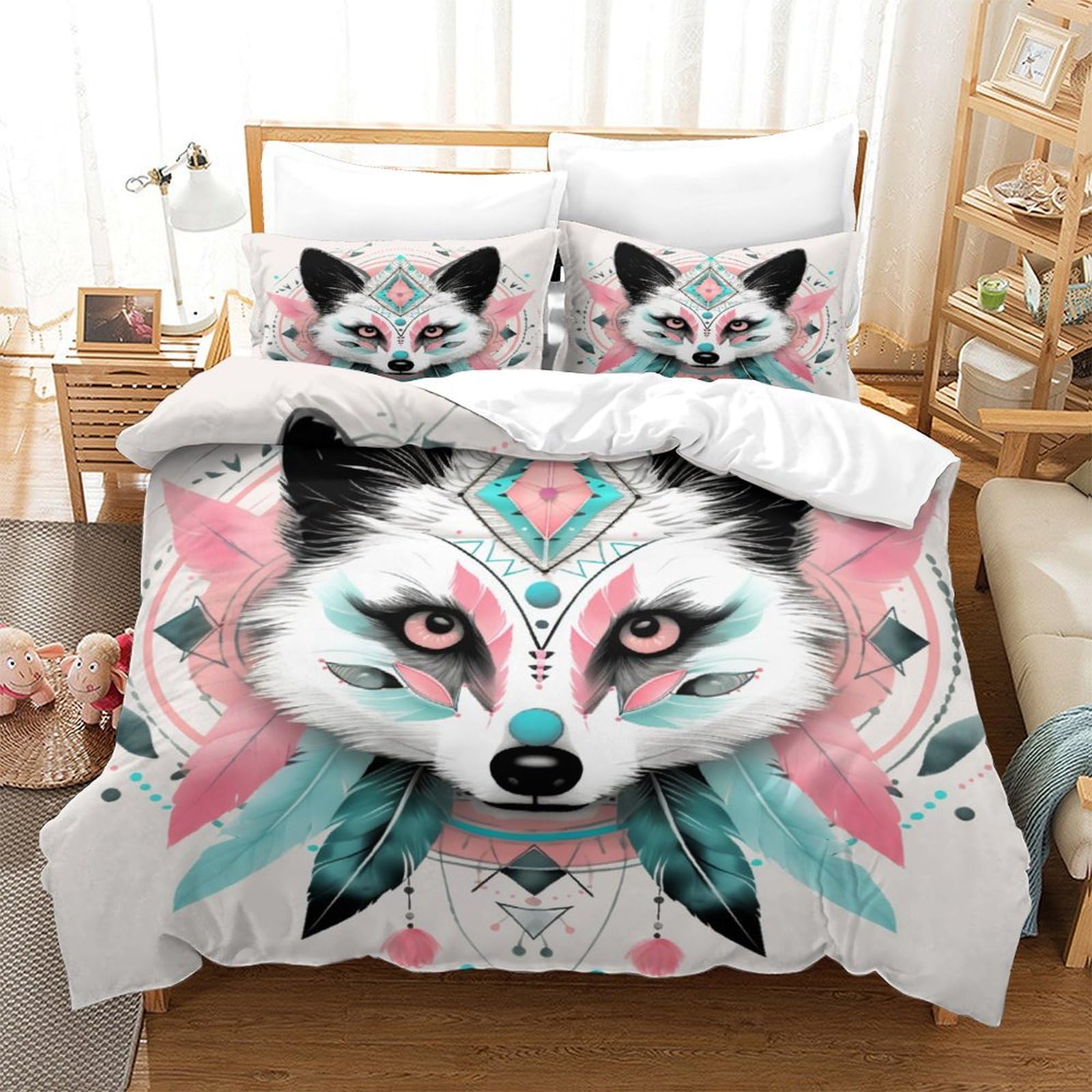 P1S9U7W5Y 3D Printed Boho Fox Duvet Cover Set 3 Pieces Microfiber Bedroom Decor Tribal Animal Bedding Set for Adults Teens Soft Breathable Double（200x200cm）