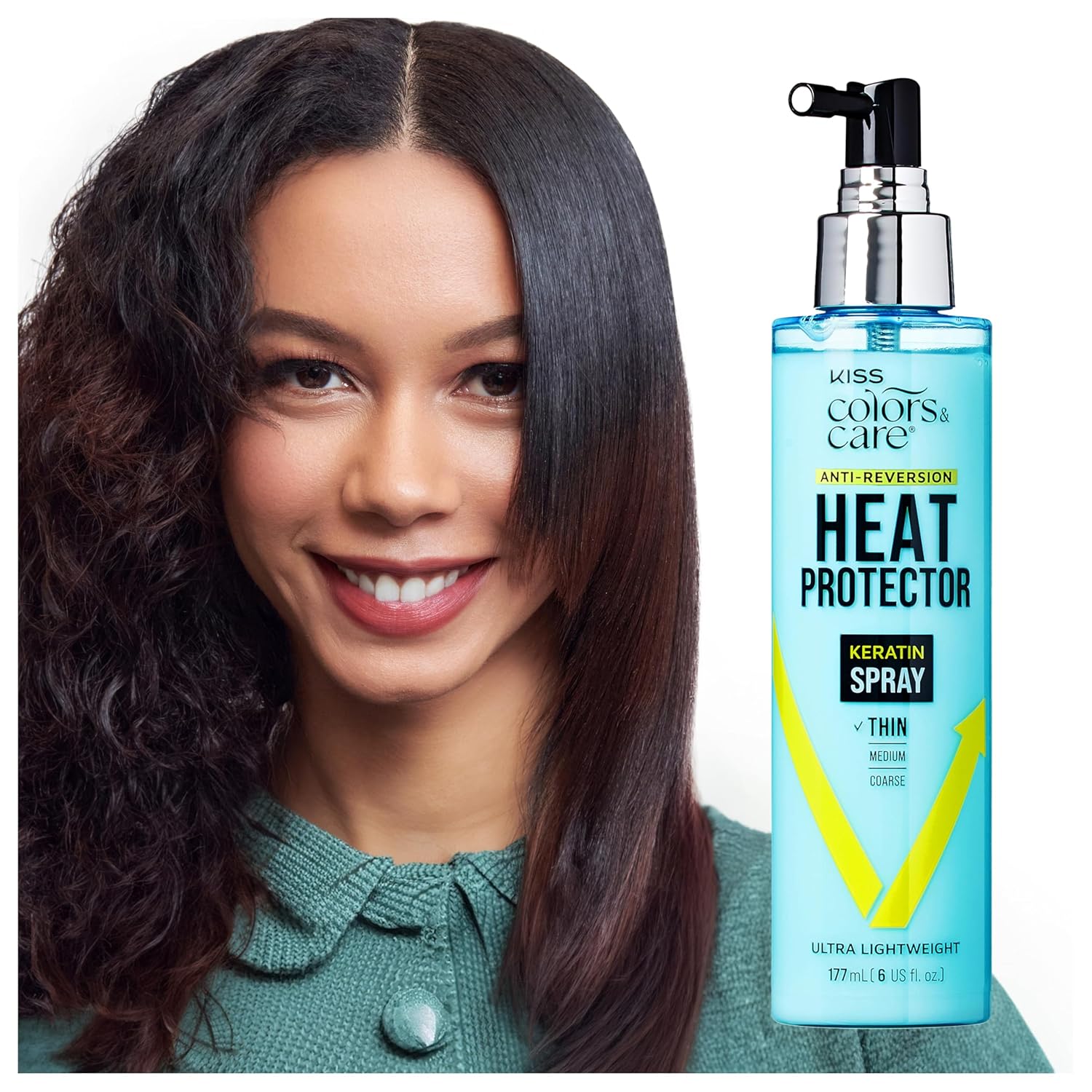 KISS Colors & Care Anti-Reversion Heat Protector Keratin Spray for Thin/Fine Hair, 177mL (6 fl. oz.), Shields from Heat Damage, Nourishes & Keeps Hair Smooth for Up to 2 Weeks KISS Colors & Care Anti-Reversion Heat Protector Keratin Spray for Thin/Fine Hair, 177mL (6 fl. oz.), Shields from Heat Damage, Nourishes & Keeps Hair Smooth for Up to 2 Weeks