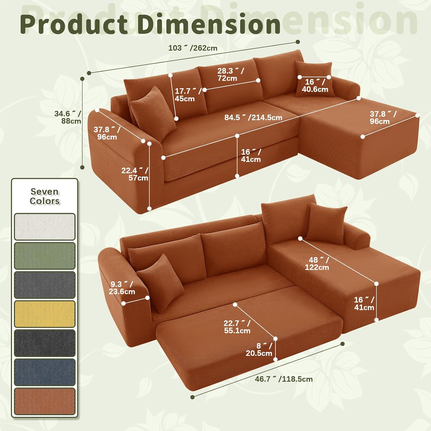 GJQ Modular Sectional Sofa with Chaise, Cloud Sectional Couch with Deep Seat, Modular L-Shape Sofa Corduroy Boneless Couch for Living Room,Bedroom,No Assembly Required(Orange, Left Facing Chaise)