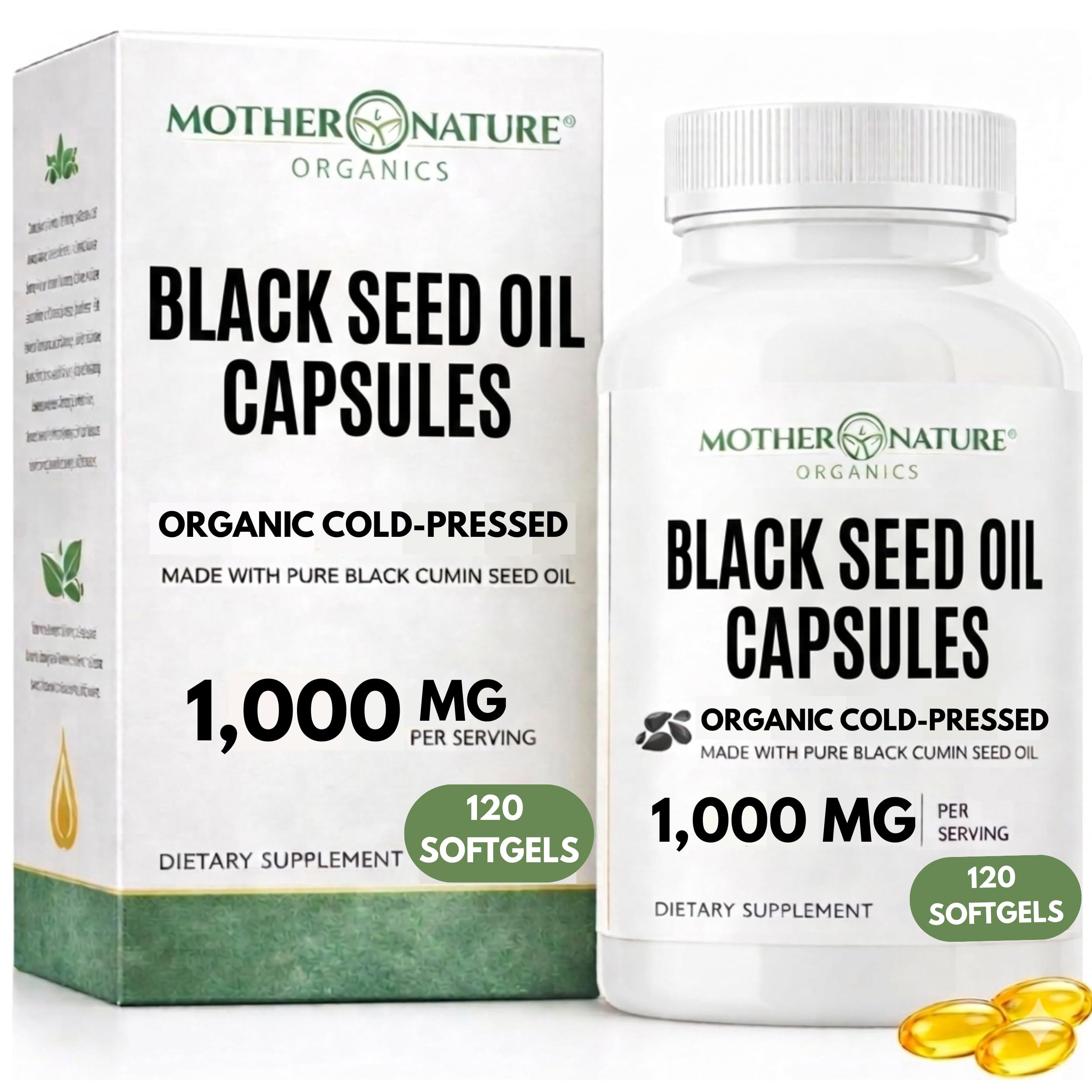 Mother Nature Black Seed Oil Capsules - Organic Cold-Pressed Cumin Nigella Sativa - Blackseed Liquid Cumin Oil for Immune Support & Digestion - High Thymoquinone TQ with Omega 3,6, & 9 - (120 Caps)