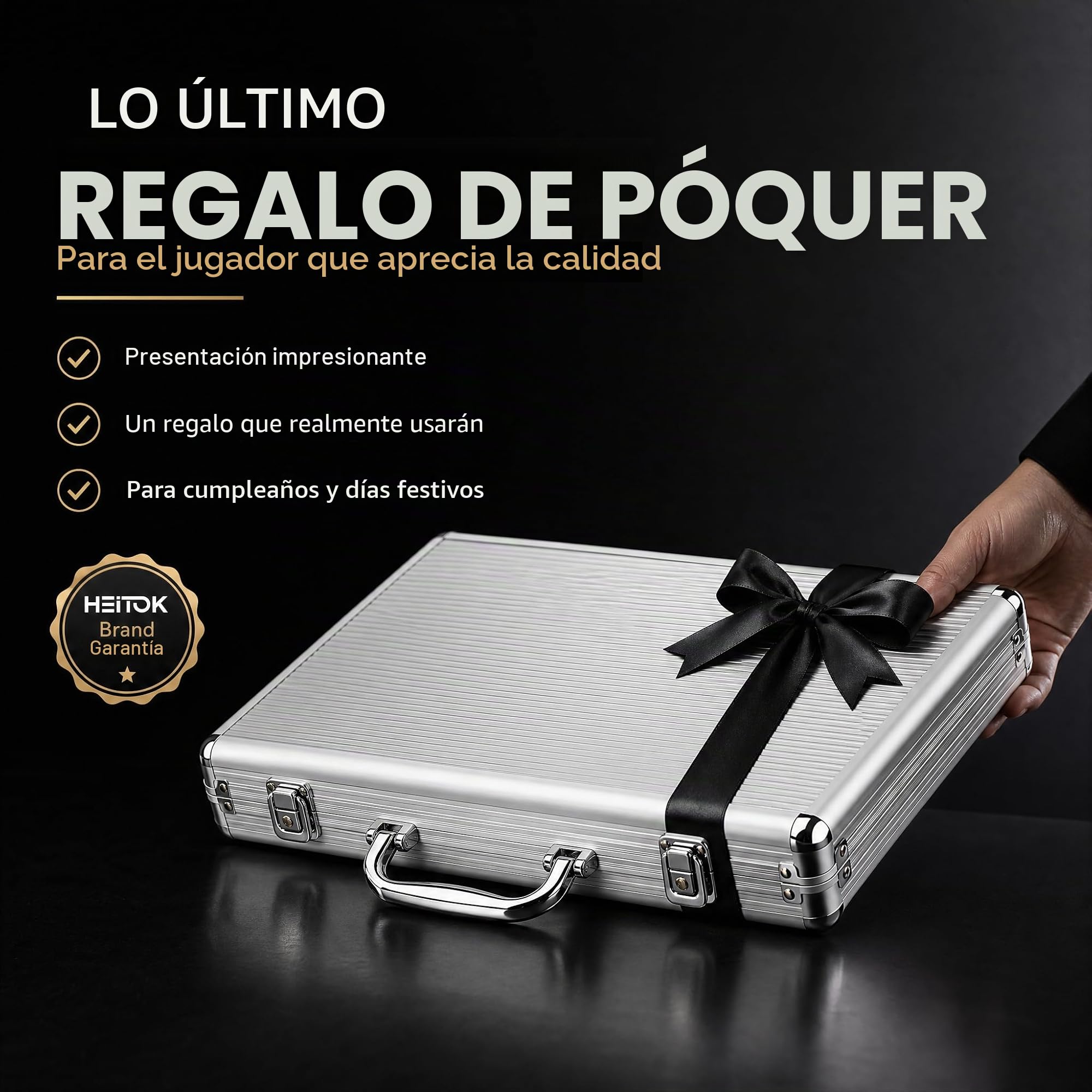 HEITOK Maletín de Póker 300 Fichas Numeradas 11.5g Peso Casino - Set Texas Hold'em con Estuche de Aluminio, Barajas, Dados y Botón Dealer de Metal para Noches de Juego Adultos | 11.5g, núcleo de hierro, valores numerados, 2-8 jugadores, maletín de alumini