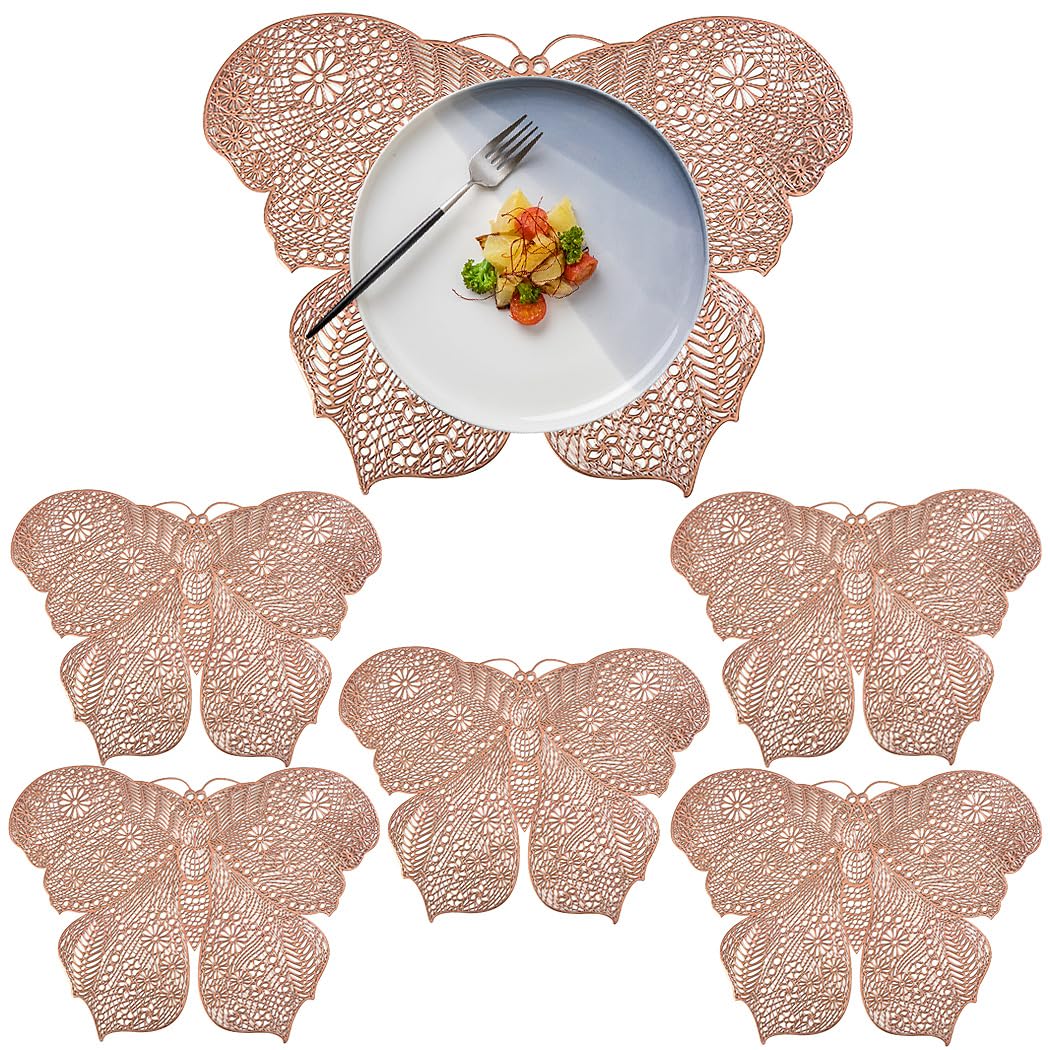 SIPLIV Hollow Out Butterfly Placemats Pressed Vinyl Metallic Placemats Set of 6 Pcs, Heat Resistant Table Mats for Wedding Party Halloween Decorations