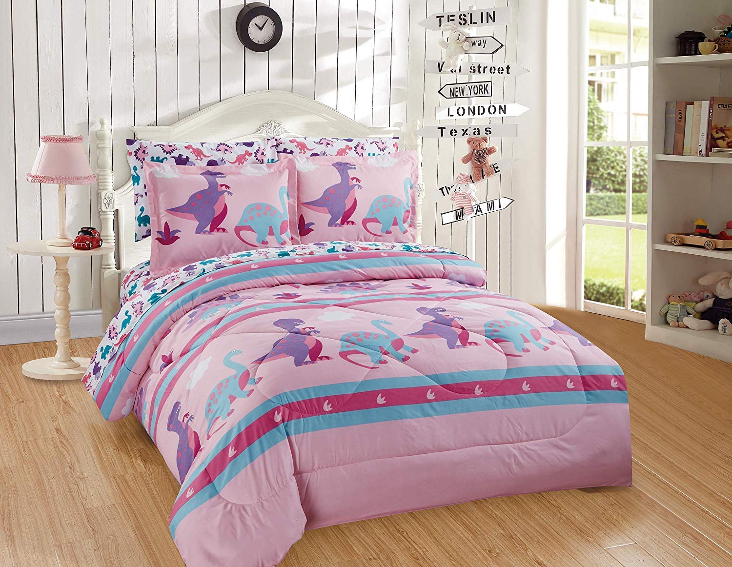 Luxury Home Collection Kids Girls Teens 5 Piece Twin Size Comforter Bedding Set with Sheets Dinosaurs Pink Purple White Turquoise