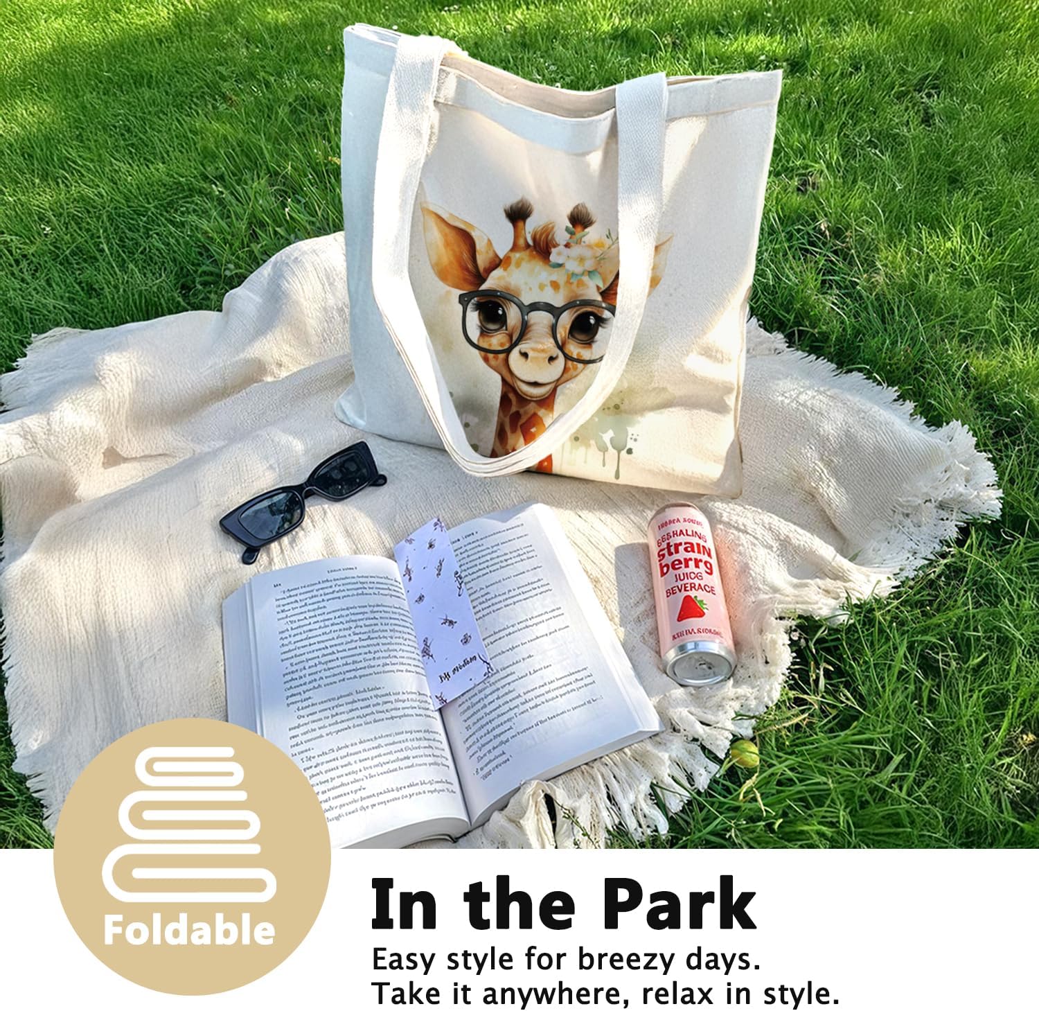 Cute GiraffeTote Bag for Women Teens Girls, Canvas Tote Bag Giraffe Gifts, Reusable Grocery Bags Shopping Bags 15.7 x15 Inch - Image 3