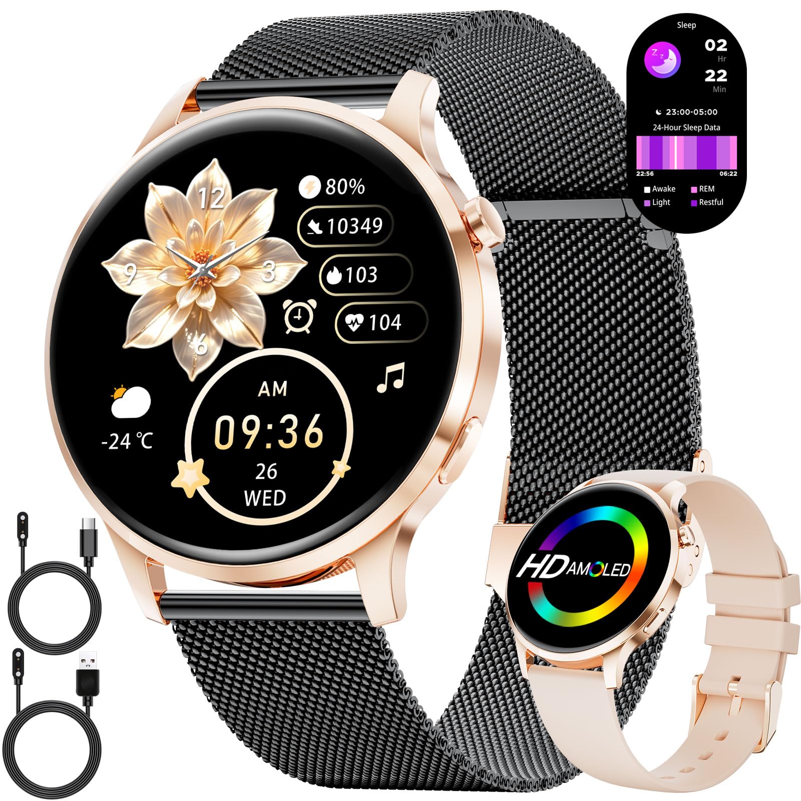 LIGE Smartwatch Donna 7,9mm Ultrafino 1,32" AMOLED Chiamate Bluetooth per Android iOS Orologio Intelligente Elegante Multisport Fitness,Monitor Frequenza Cardiaca e Sonno,Ciclo Mestrual,Nero oro