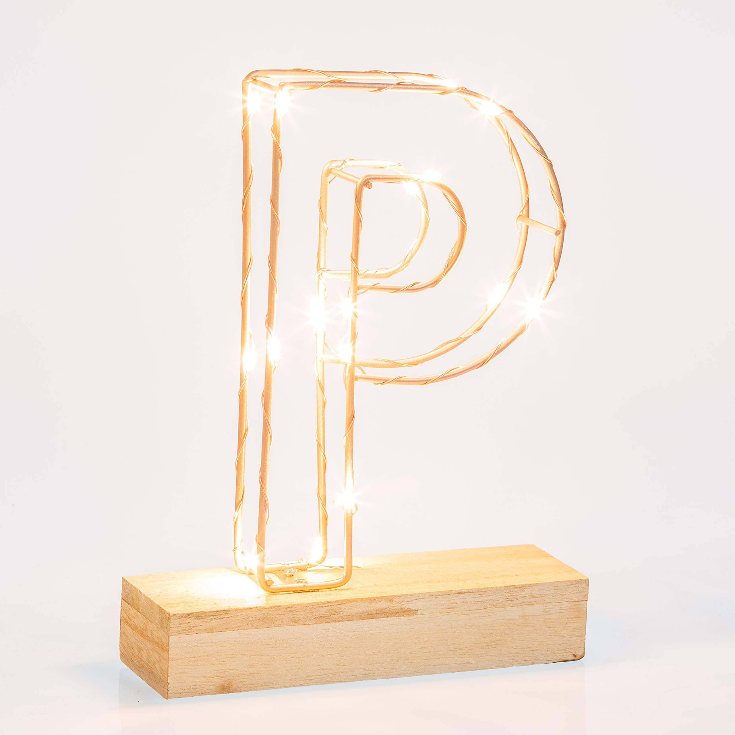 Light Up Letter P | LED Alphabet Wire Frame Letter Lights | Rose Gold Copper Initials | Personalised Lighting | Battery Powered | Office Living Room Bedroom