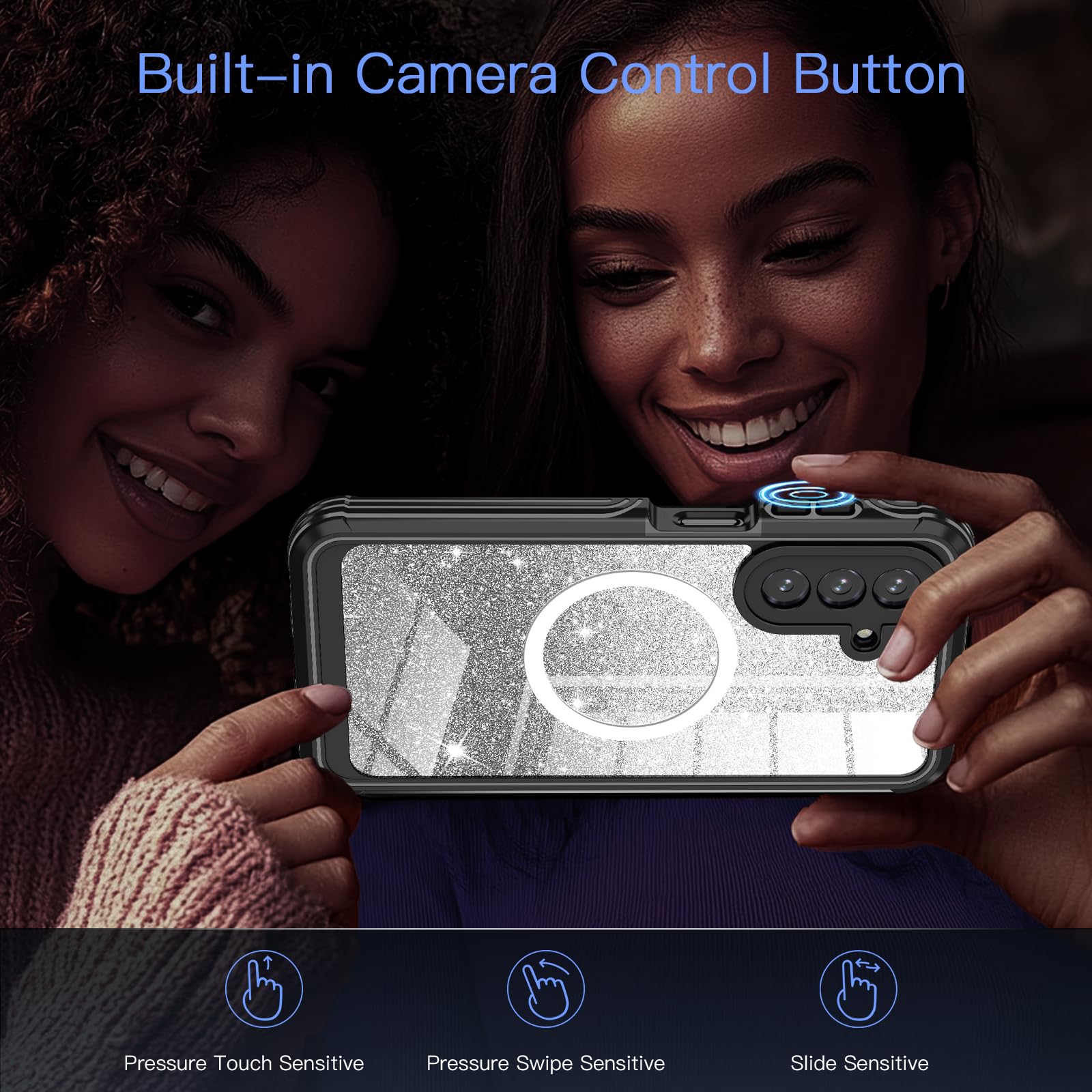 Funda para Galaxy A17 5G, compatible con MagSafe, funda magnética con purpurina integrada con protector de pantalla de vidrio templado 9H, funda protectora a prueba de golpes para Samsung