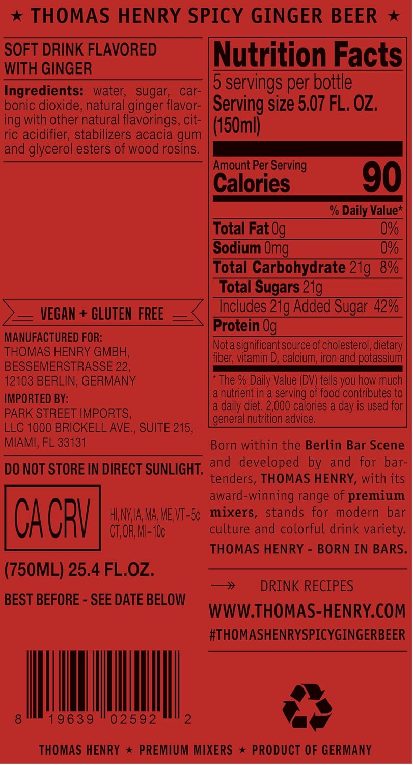 Thomas Henry Spicy Ginger Beer, Premium Cocktail Mixer for Moscow Mule & Cocktails, 25.4 Fl Oz (750 ml) Bottles, 3 Pack, Made in Germany