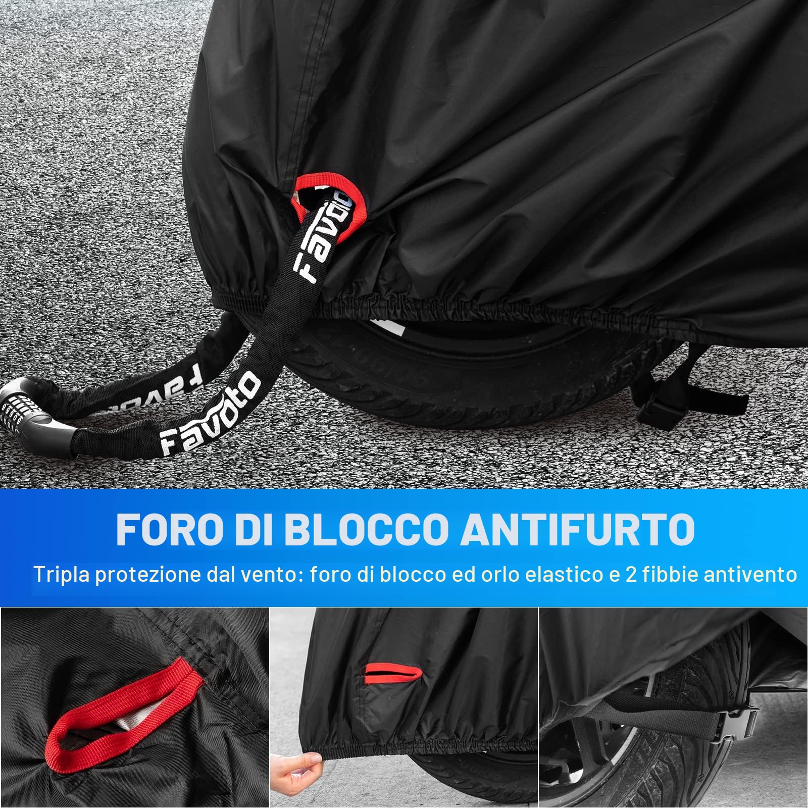 Favoto Telo Coprimoto 210D per Moto con Parabrezza Alto Resistente a Acqua Polvere Pioggia Vento Copertura Antifurto per Moto Motorino Motocicletta 245x105x160cm