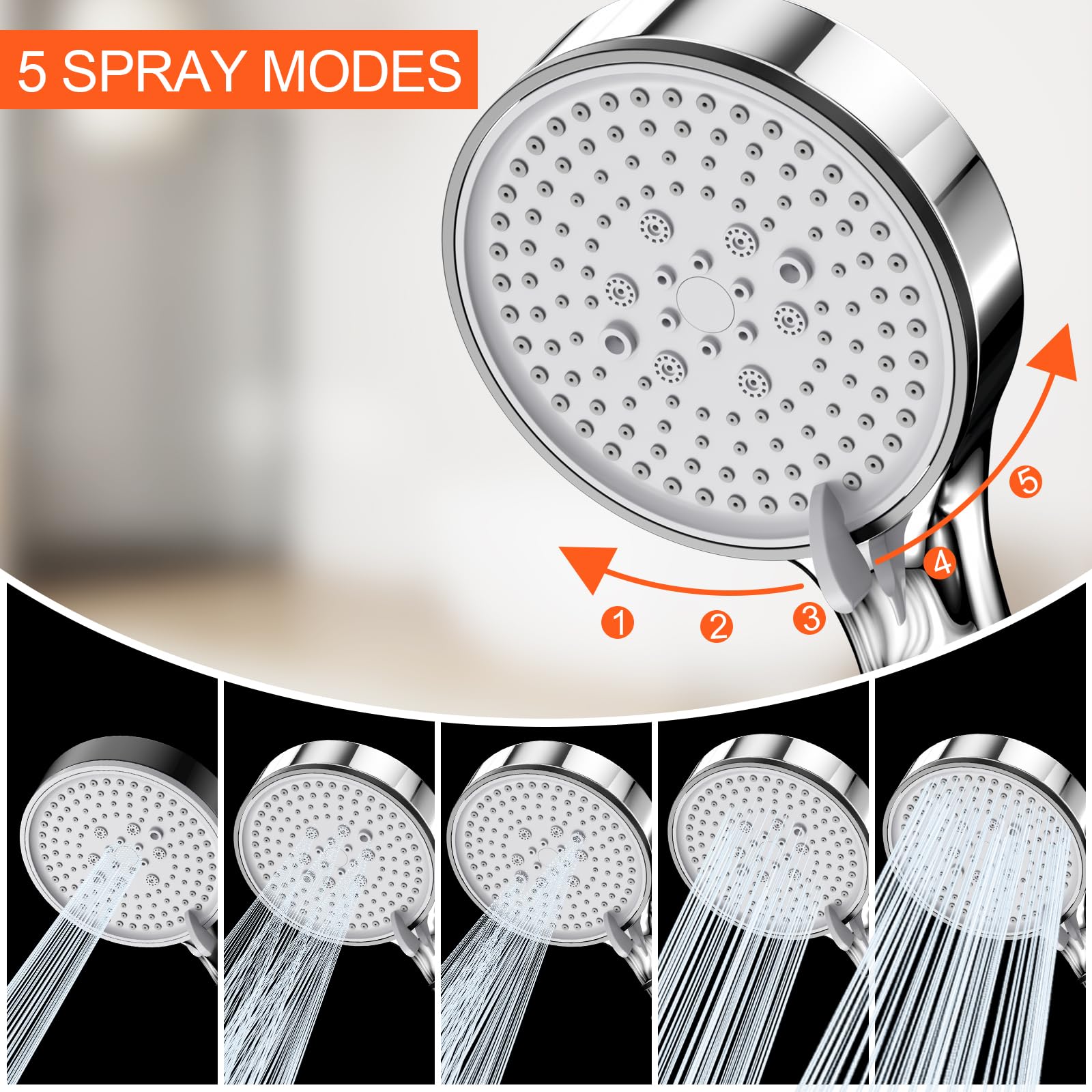 Soffione Doccia Anticalcare Nero - 5 Modalità Spray, Filtro A Pietre, Alta Pressione - Foto 9
