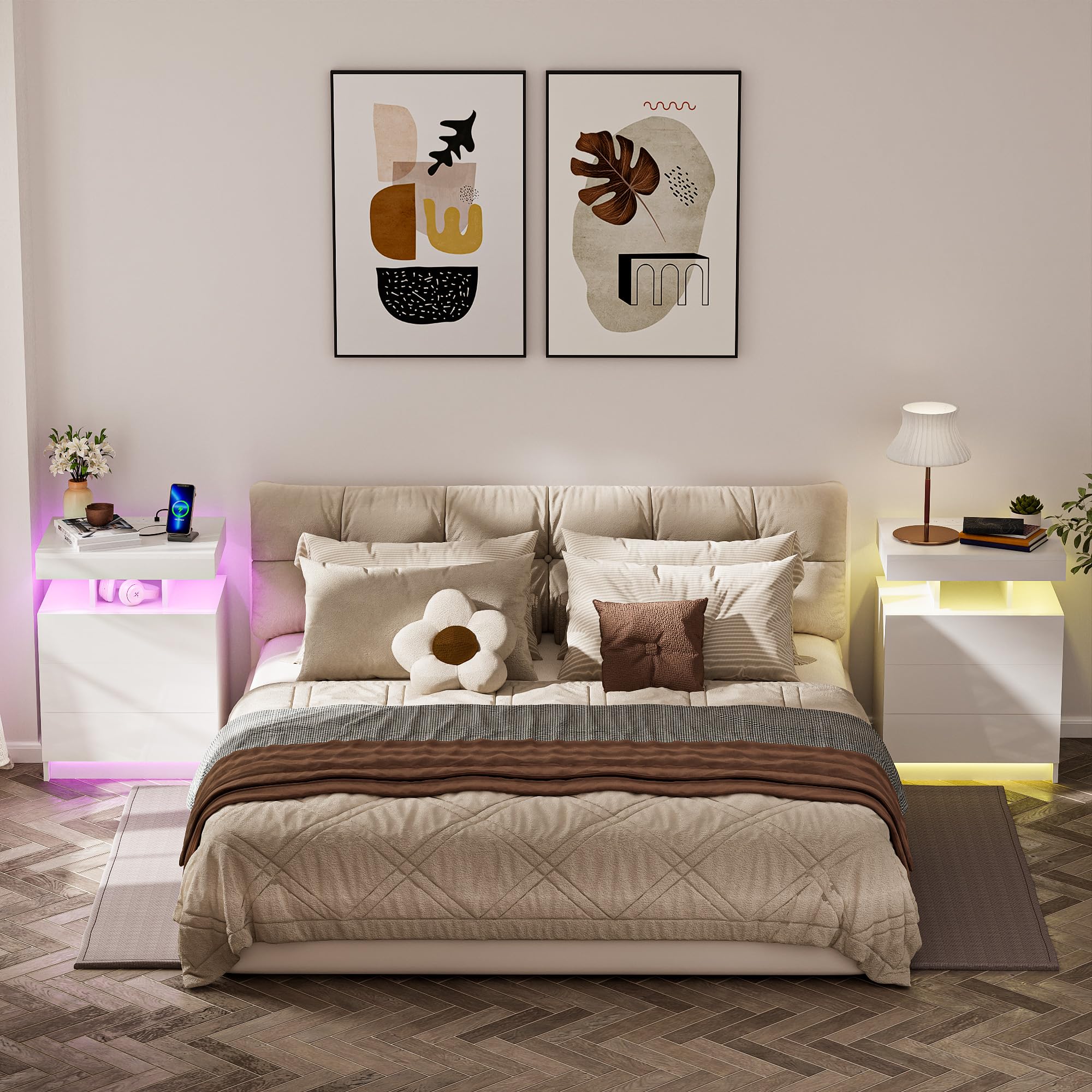 High Gloss Set of 2 Bedside Tables with Power Socket Big Nightstands with RGB light End Table 3 drawers Large Bedside Table for Bedroom Living Room White