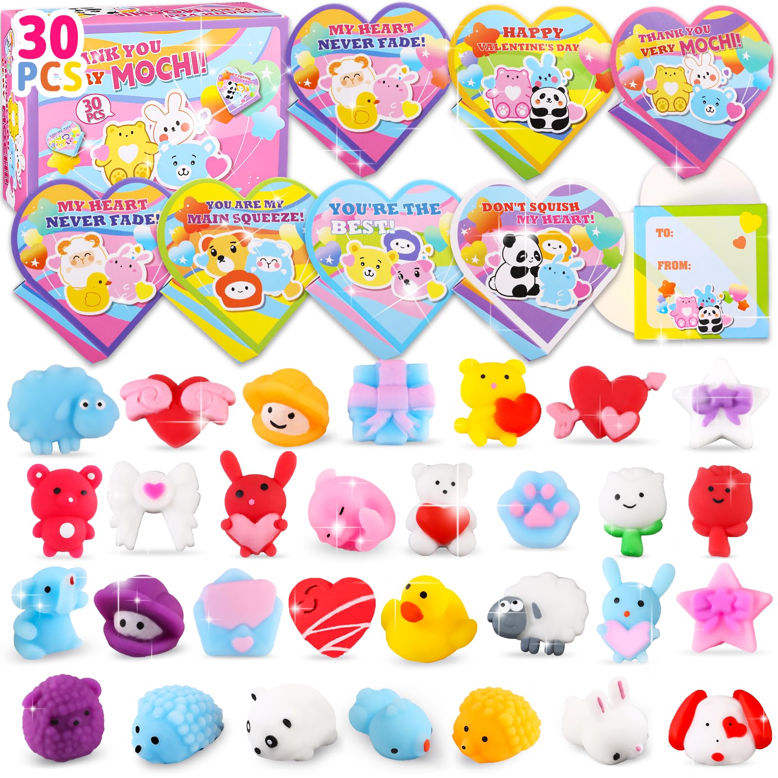 LATEEFAH 30 PCS Valentines Cards Mochi Squishy Toys Party Favors with Heart Boxes for Kids, Happy Valentines Day Exchange Cards Gift Set, School Classroom Valentines Cards Gift Prizes for Kids Treats