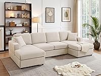 VANOMi 118'' U-Shaped Sectional Sofa with Double Chaise, Soft Chenille 4-Seat Couch for Living Room, Beige