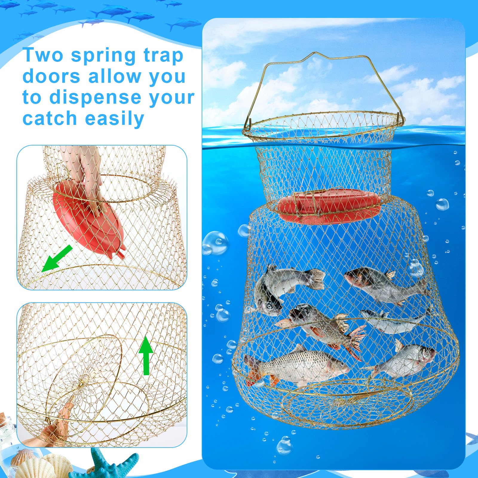 Hollowfly 2 cestas de alambre de acero y red de aterrizaje de pesca con extensión de poste telescópico de aluminio, incluye 1 red de pesca portátil con asa, 1 cesta de pesca plegable de alambre para