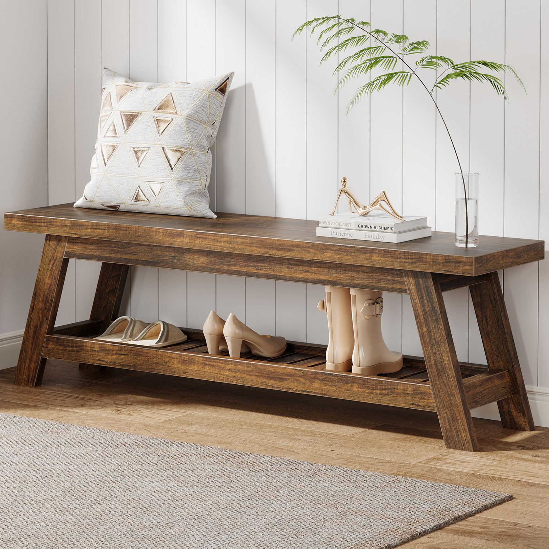 Tribesigns Grande panca da ingresso in legno da 140 cm, con scarpiera, 2 ripiani, rustica, marrone, stretta panca con ripiani aperti, per ingresso, camera da letto, fango