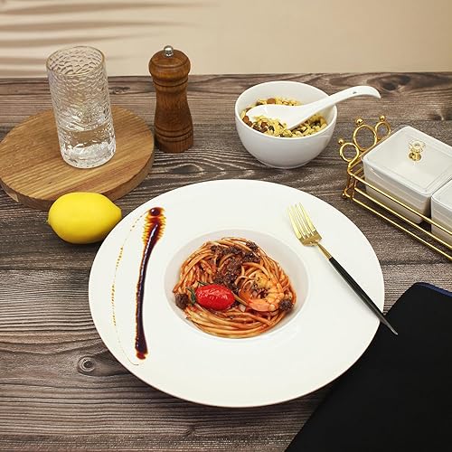 Miniatura 9 de Cuencos de sopa con borde de cerámica de 8.6 onzas, blanco de 11 pulgadas, exquisito plato de sopa pequeño, juego de 4, platos de pasta con borde es