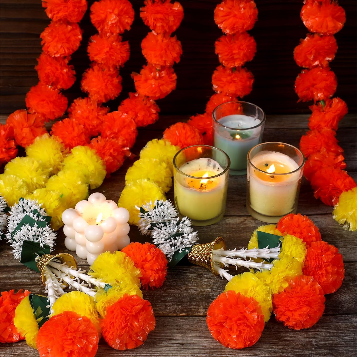 5個 マリーゴールドガーランド 装飾用 長さ5フィート 人工マリーゴールドフラワー 伝統的なインドの装飾 ロングストランド フェイク