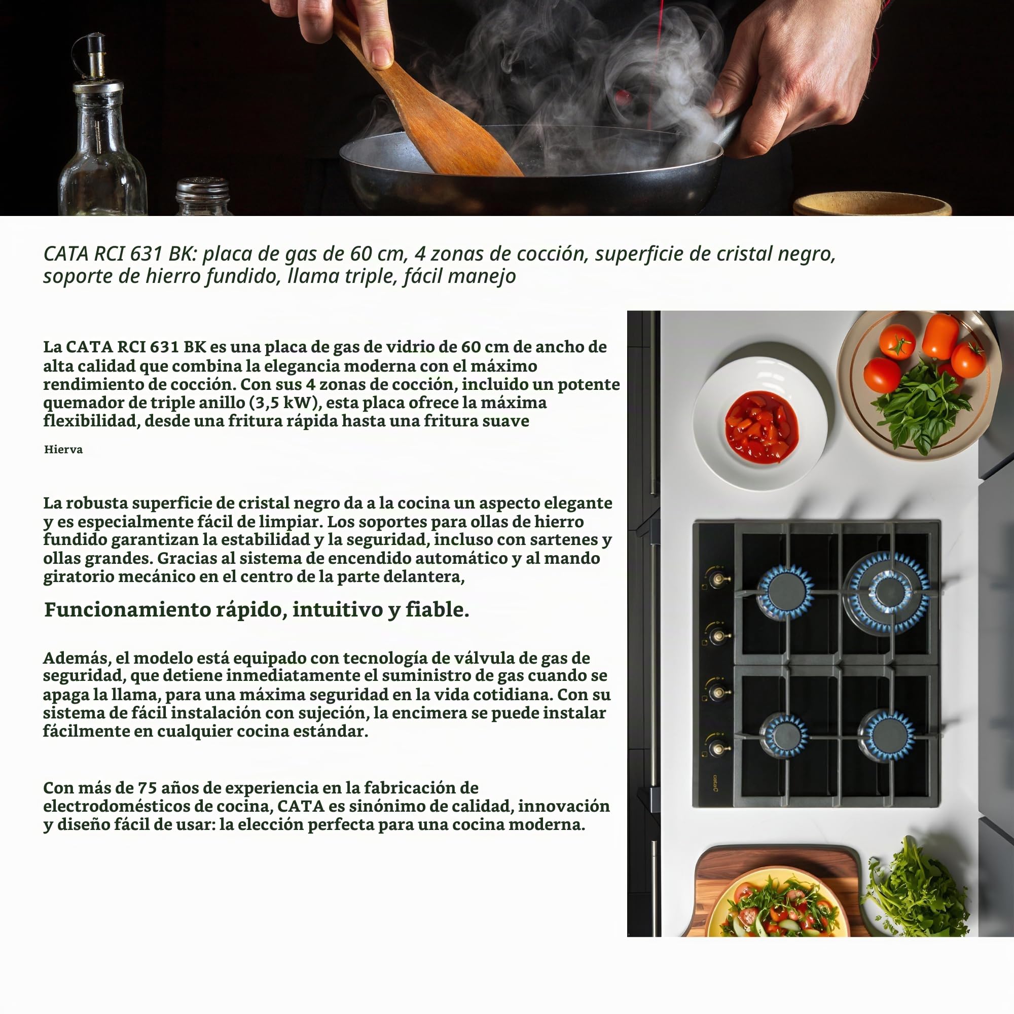 Cata, Placa Cristal Serie Rústica, Modelo: RCI 631 BK, Ancho 58 cm, 4 Quemadores de Gas natural, Incluye Inyectores para Gas Butano, Acabado en Cristal Negro