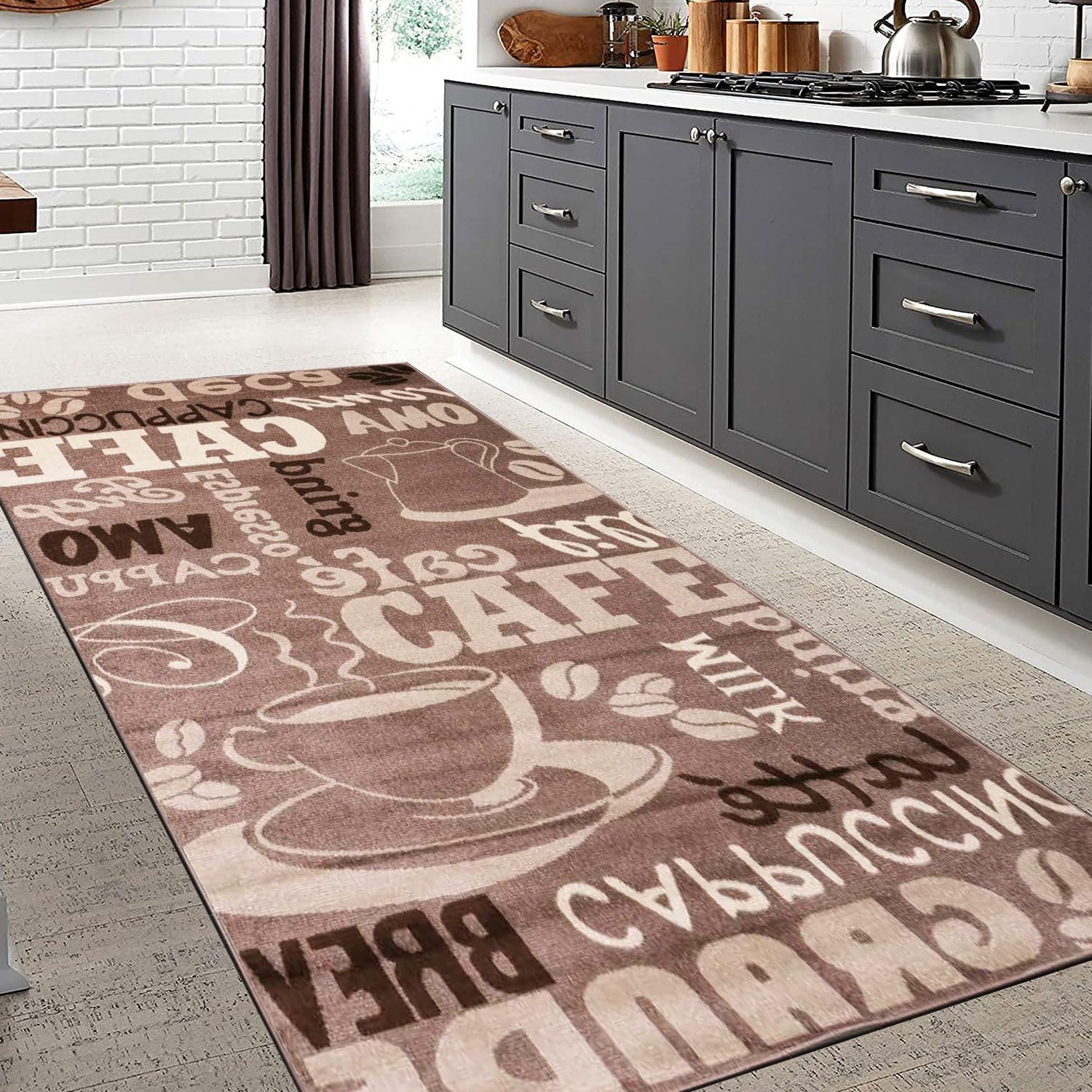 VIMODA Küchenteppich Teppichläufer Coffee Modern Kaffee Design in Braun Beige Teppich für Lounge oder Küche, Maße:120x170 cm