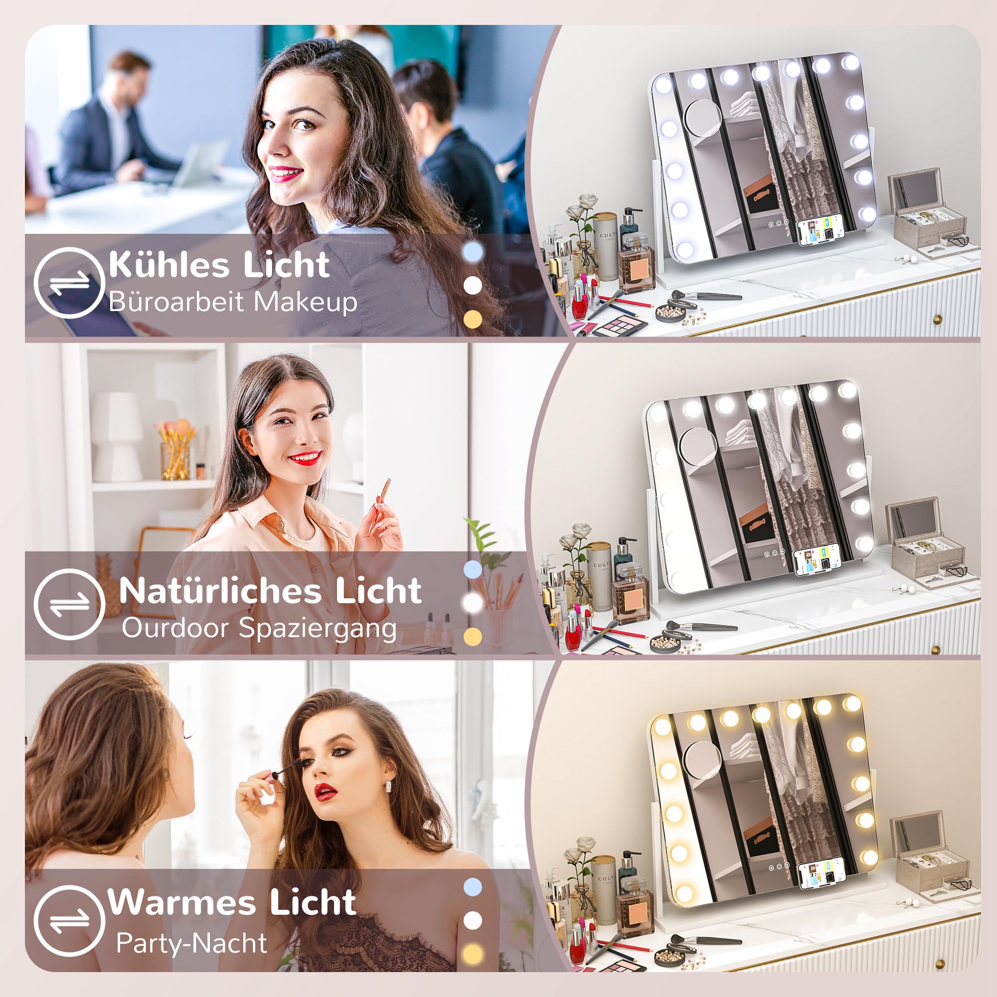 HOMCOM Hollywood Spiegel mit Beleuchtung 62,5x52 cm Schminkspiegel Weiß | 360°Drehbar, 15 LED, 3 Lichtfarben, USB-Ladeanschluss, Handyhalterung, Touchschalter, Kosmetikspiegel, 10X Vergrößerung