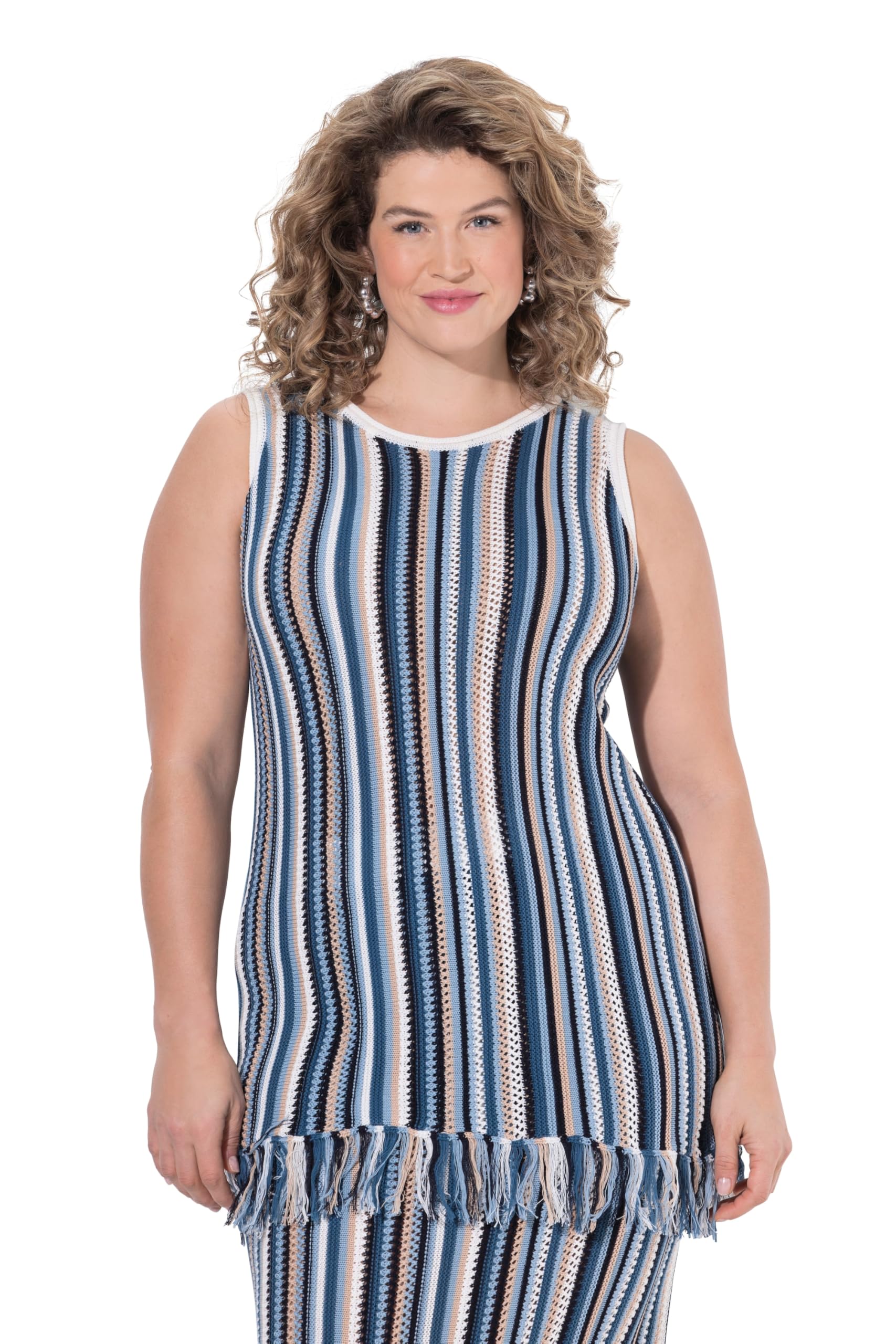 Ulla Popken Damen große Größen Übergrößen Plus Size Stricktop, Ajourstreifen, Fransen, Rundhals, ärmellos 847608