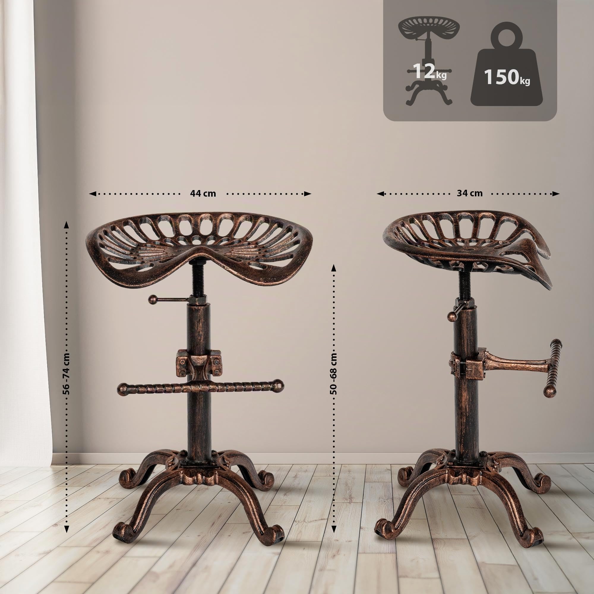 CLP Set 2 Sgabelli Bar Butch In Ghisa Design Industrial I Coppia Sgabelli Bancone Urban In Metallo Regolabili Colore bronzo